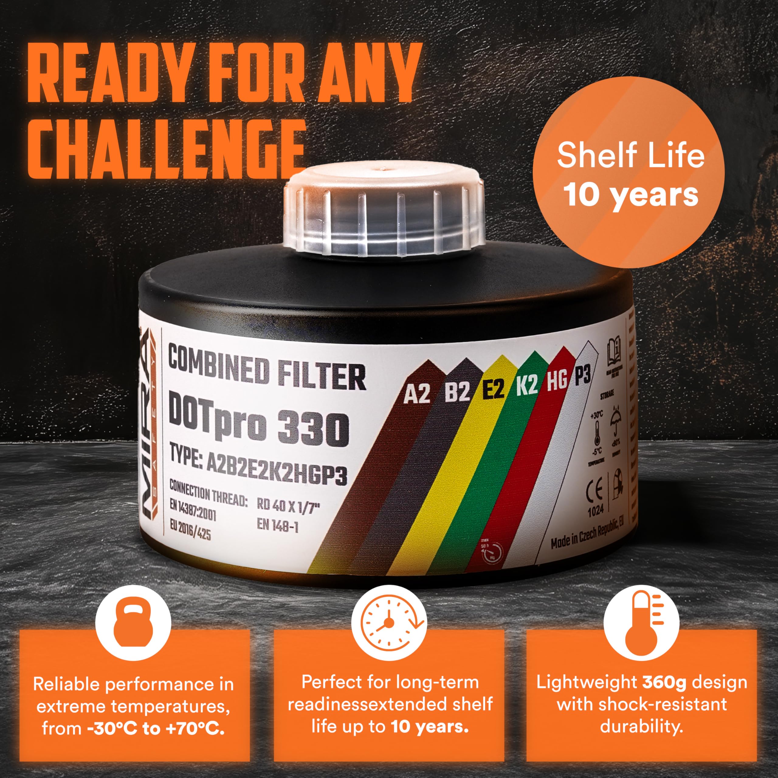 MIRA Safety DotPro 330 packaging displays EN 14387 certification and long shelf life.