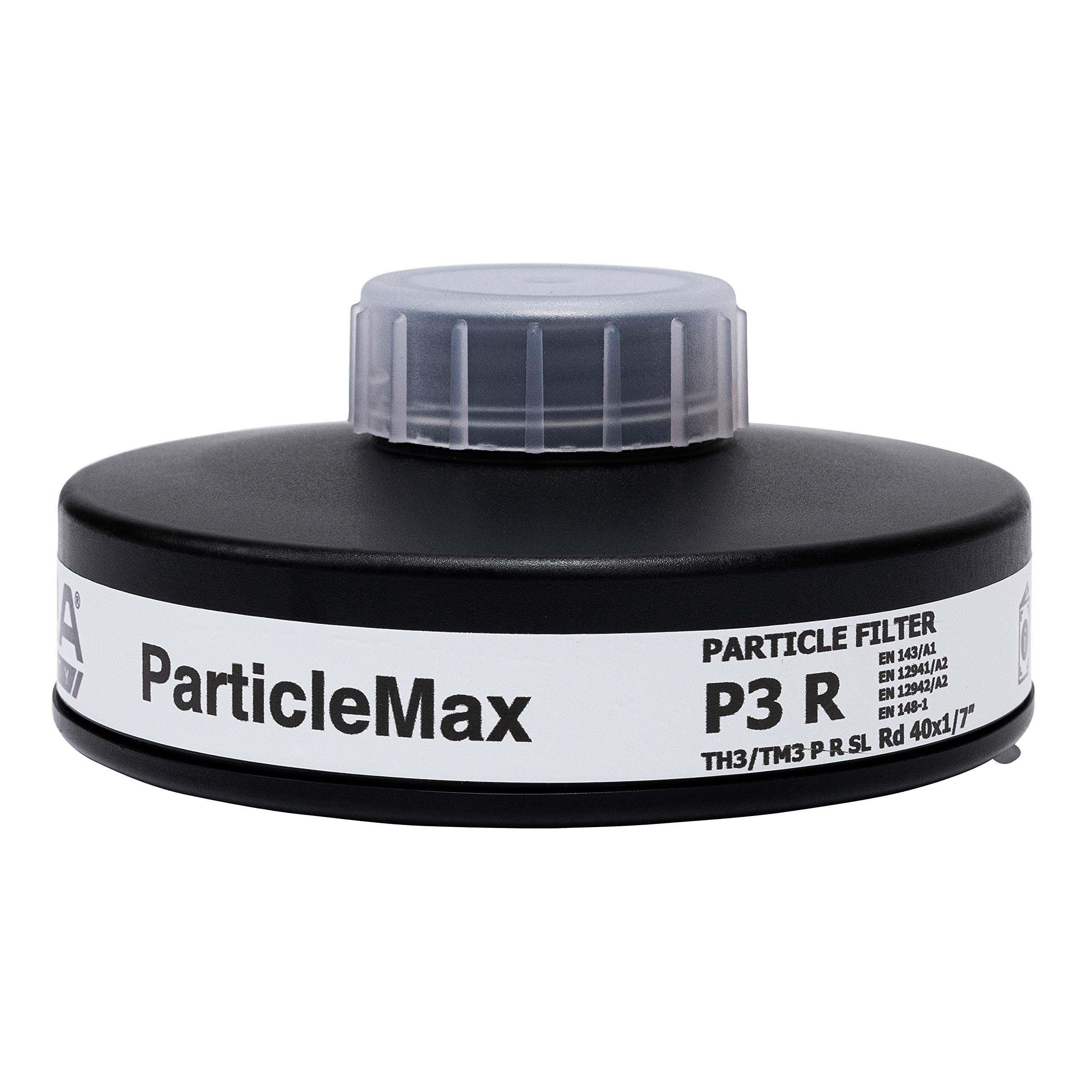 MIRA Safety P3-certified 40mm filter for high-efficiency filtration.