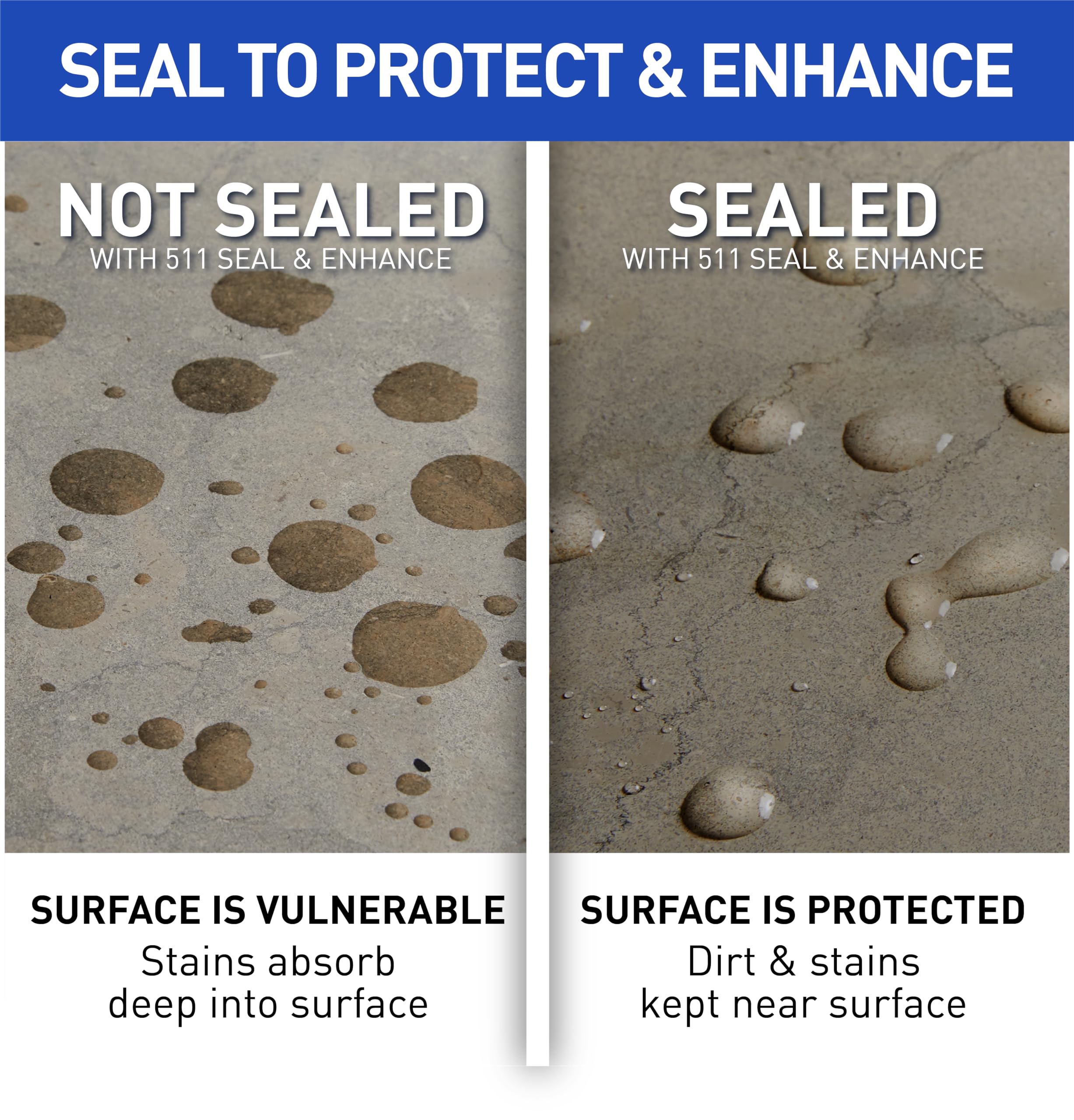 Miracle Sealants 511 Seal and Enhance applied on granite surface demonstrates protection and color