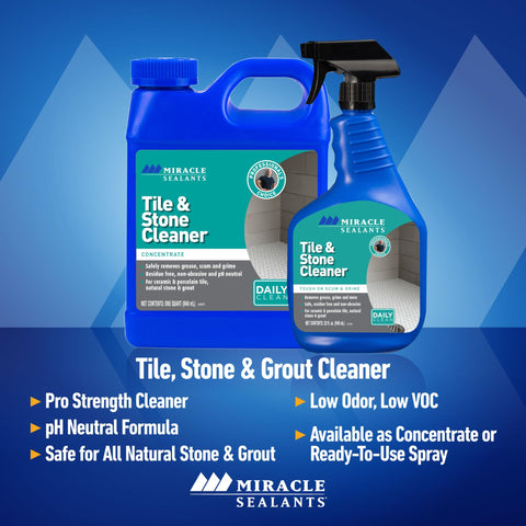 Miracle Sealants Tile & Stone Cleaner dilution steps illustrate safe interior and exterior use.
