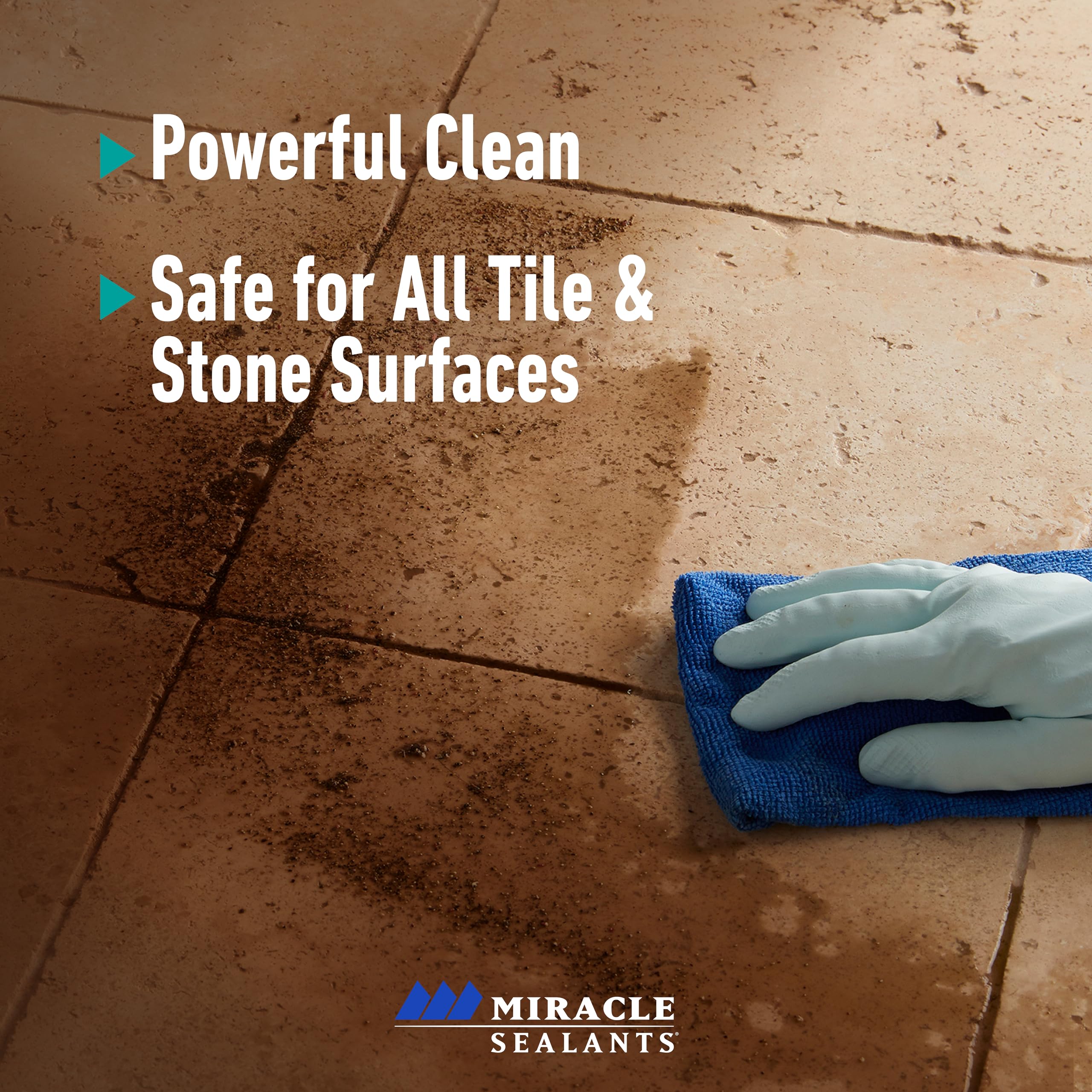 Miracle Sealants Tile & Stone Cleaner bottle beside polished surface shows polish-friendly formula.