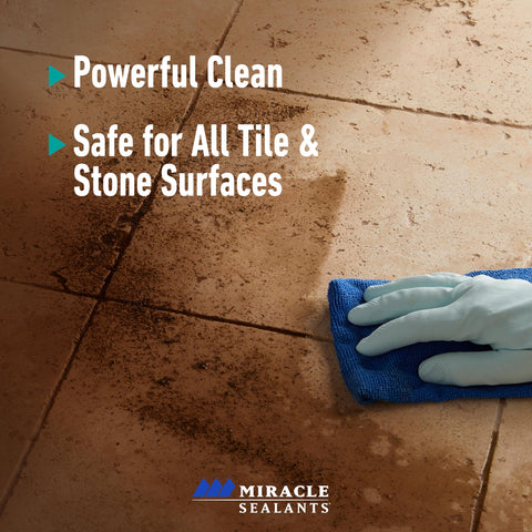 Miracle Sealants Tile & Stone Cleaner bottle beside polished surface shows polish-friendly formula.