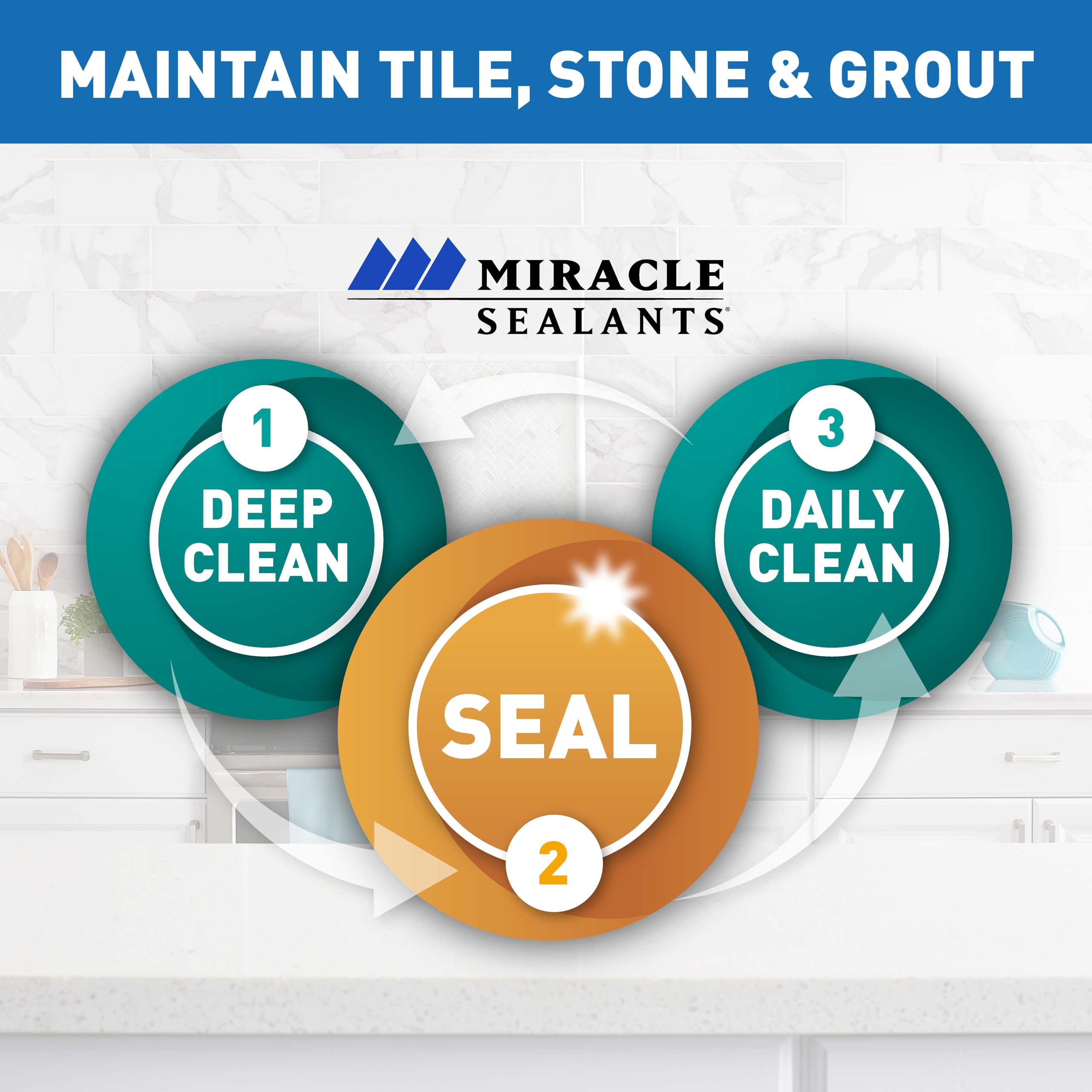Miracle Sealants Tile & Stone Cleaner safe for food areas on kitchen surfaces.