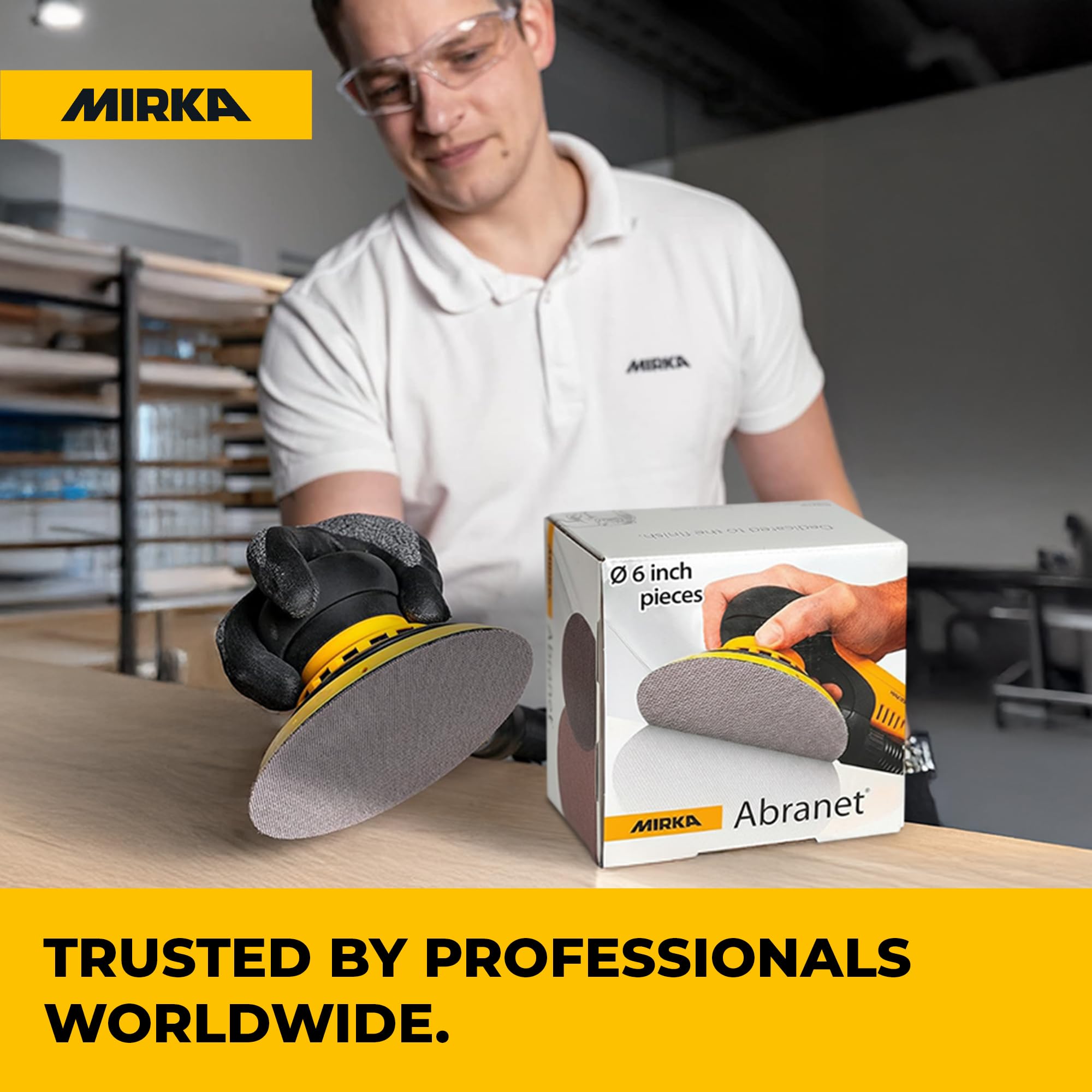 Mirka Abranet 6-Inch disc Multi-material sanding handles wood, plastic, drywall.