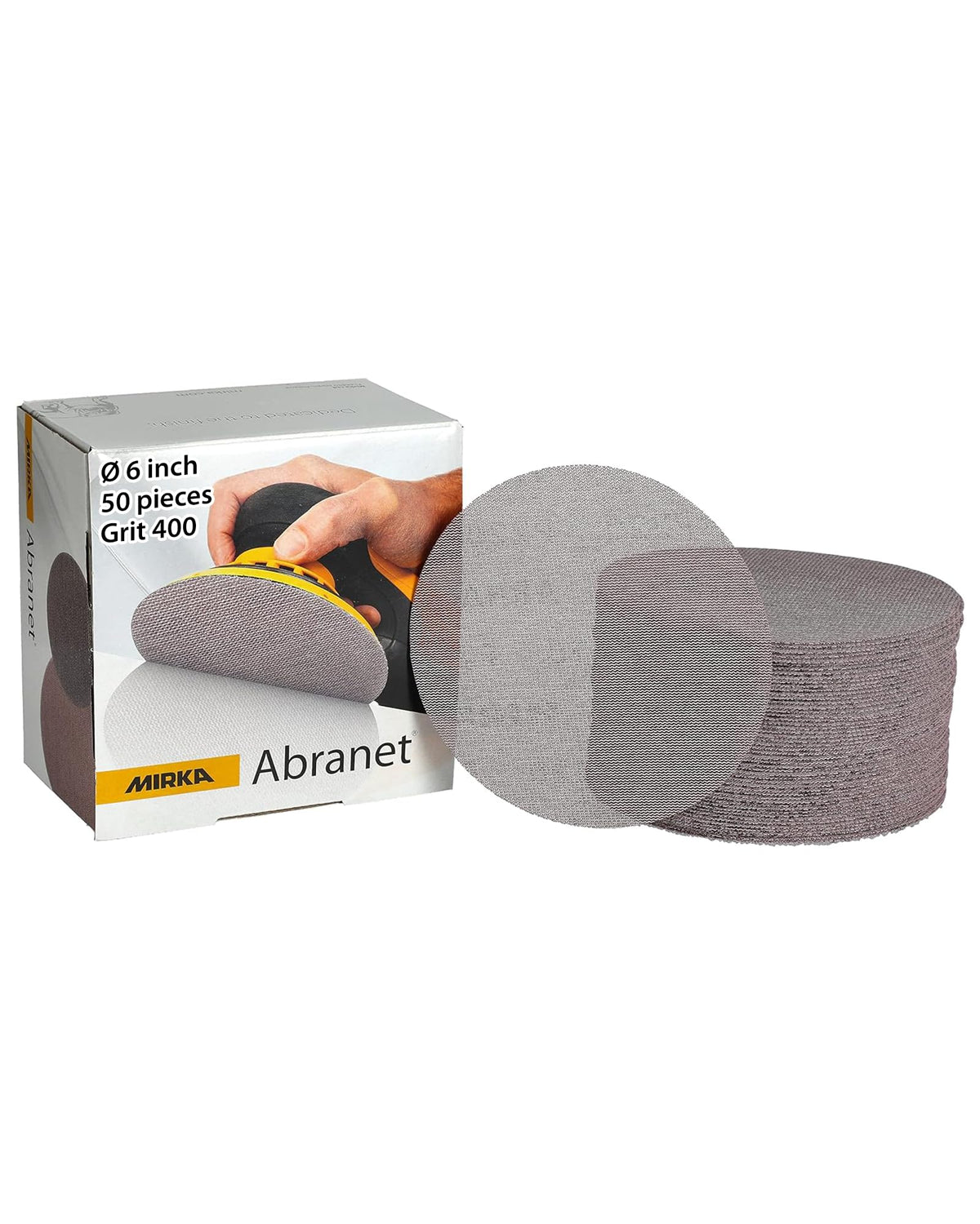 Mirka Abranet 6-inch disc closeup mesh enhancing dust-free sanding efficiency