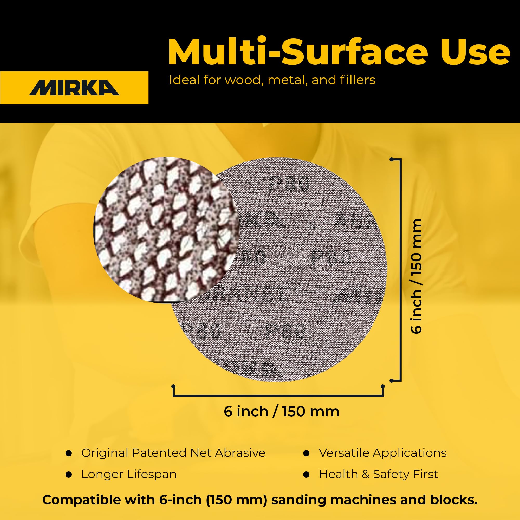 Mirka Abranet hook-and-loop attachment allows quick, secure disc changes.