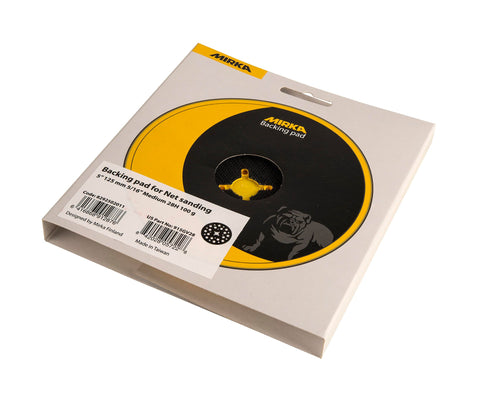Mirka backup pad in use with net sanding discs for consistent finishes