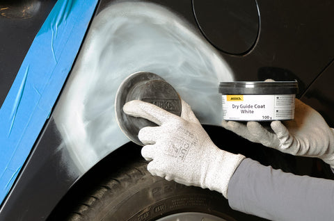 Mirka Dry Guide Coat on dark color surfaces reveals scratches for easier identification