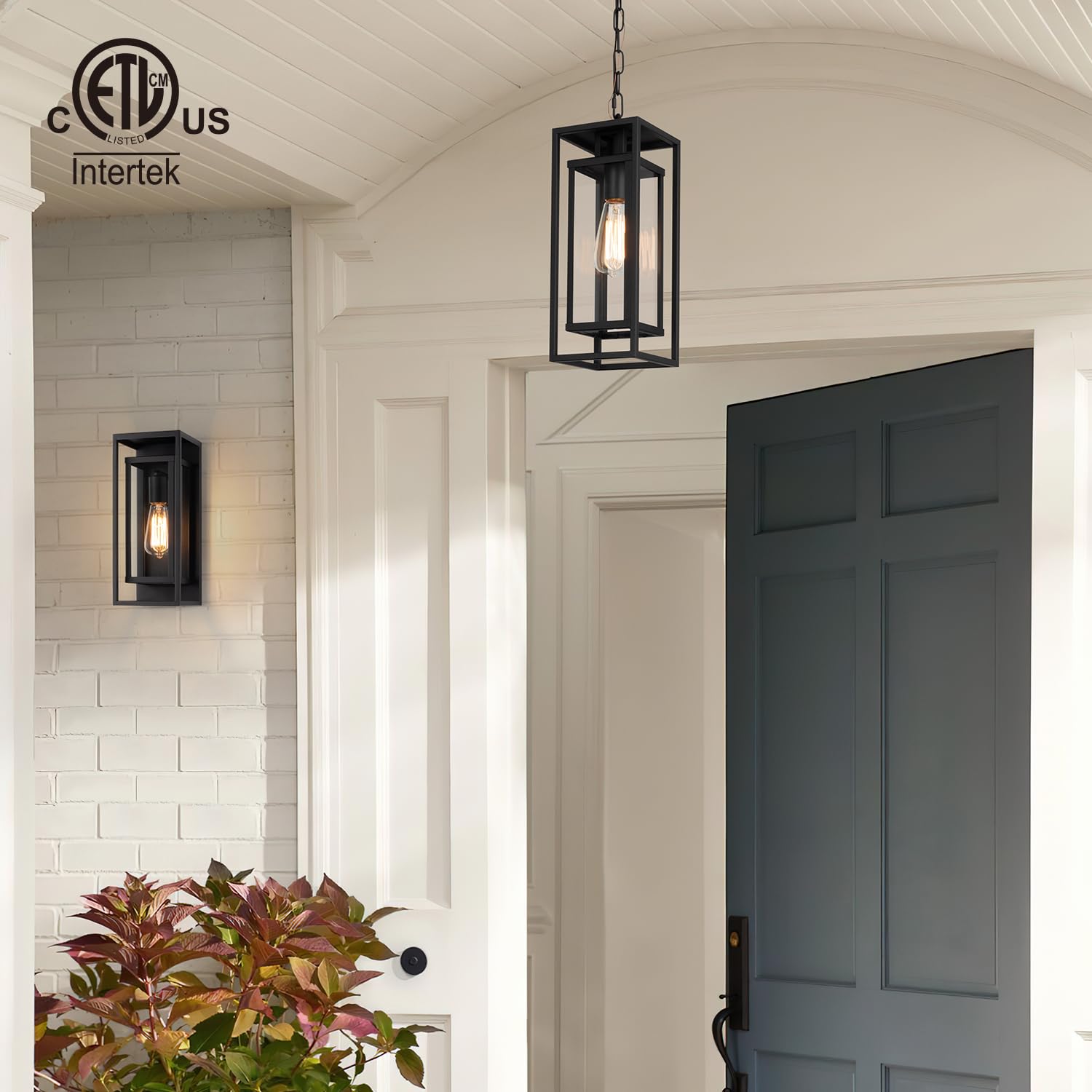 Mirrea pendant in matte black finish with clear glass shade for vintage exterior charm.