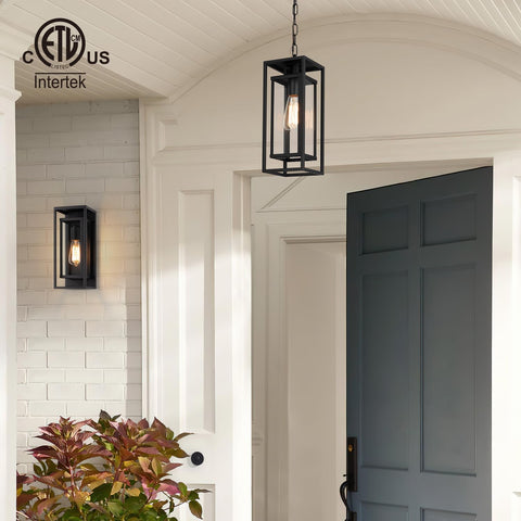 Mirrea pendant in matte black finish with clear glass shade for vintage exterior charm.