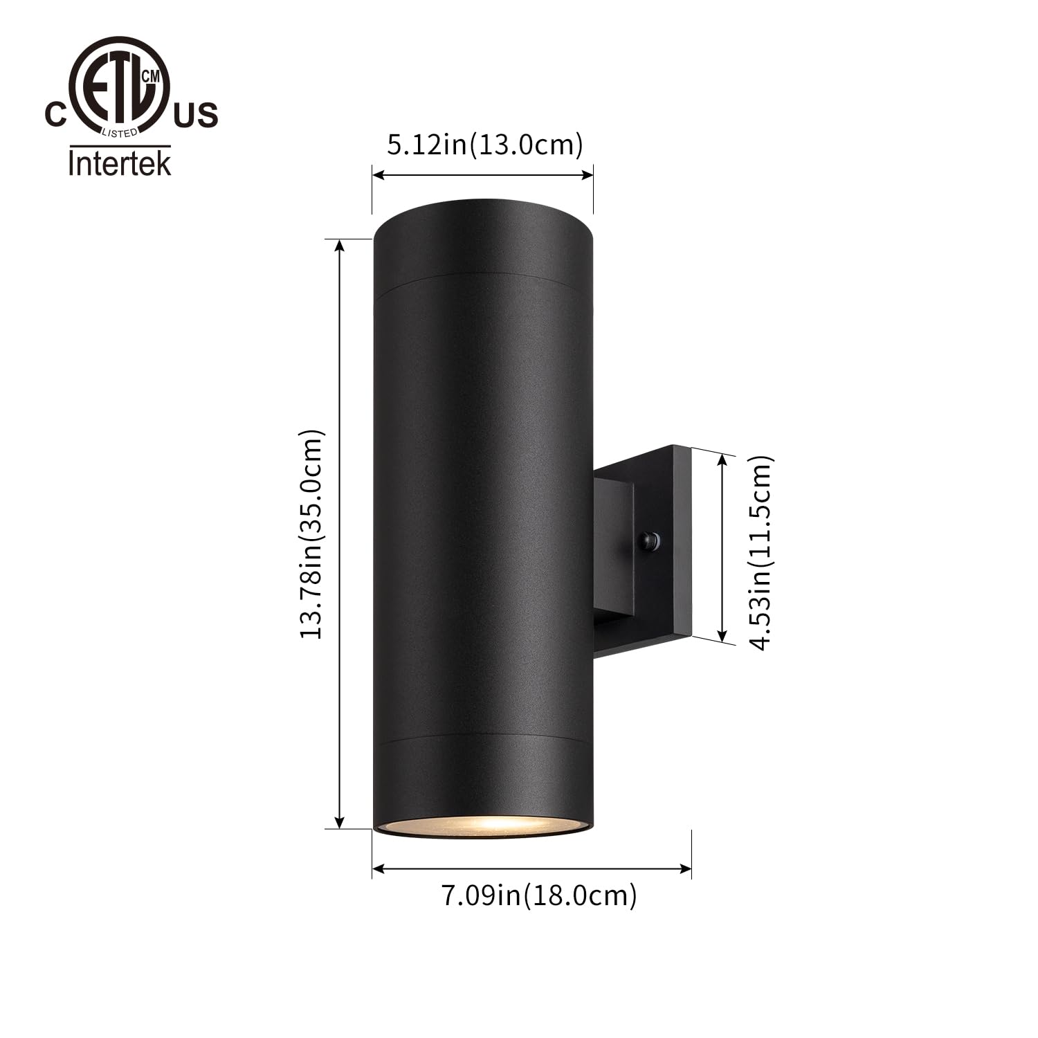 Mirrea exterior wall light, side view, sturdy aluminum cylinder construction.