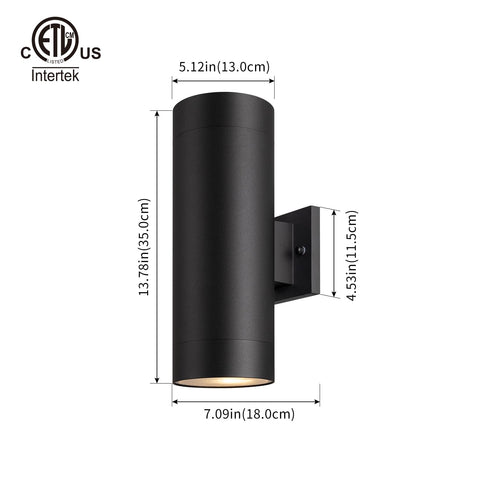 Mirrea exterior wall light, side view, sturdy aluminum cylinder construction.