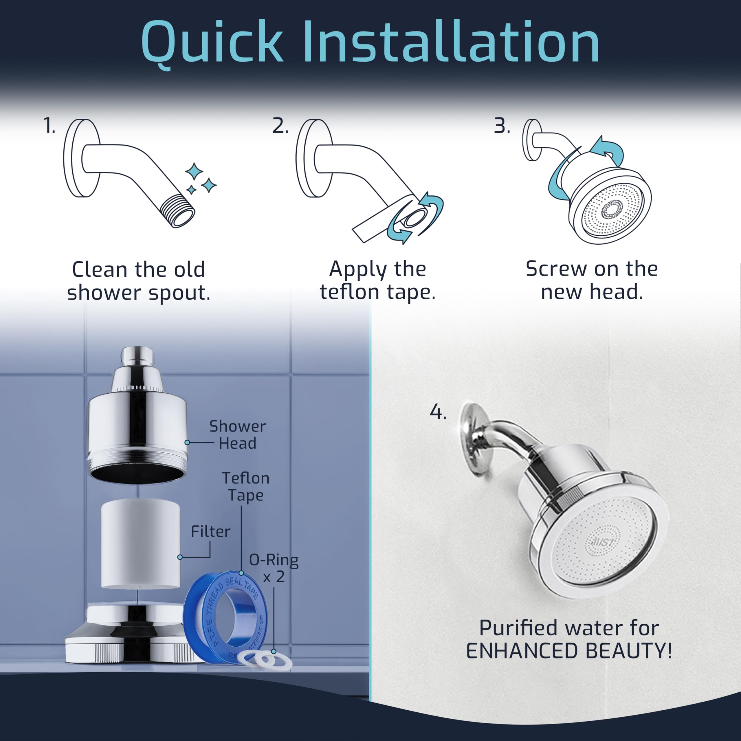 Mist shower filter head-adjustable-swivel shows customizable angle for optimal spray