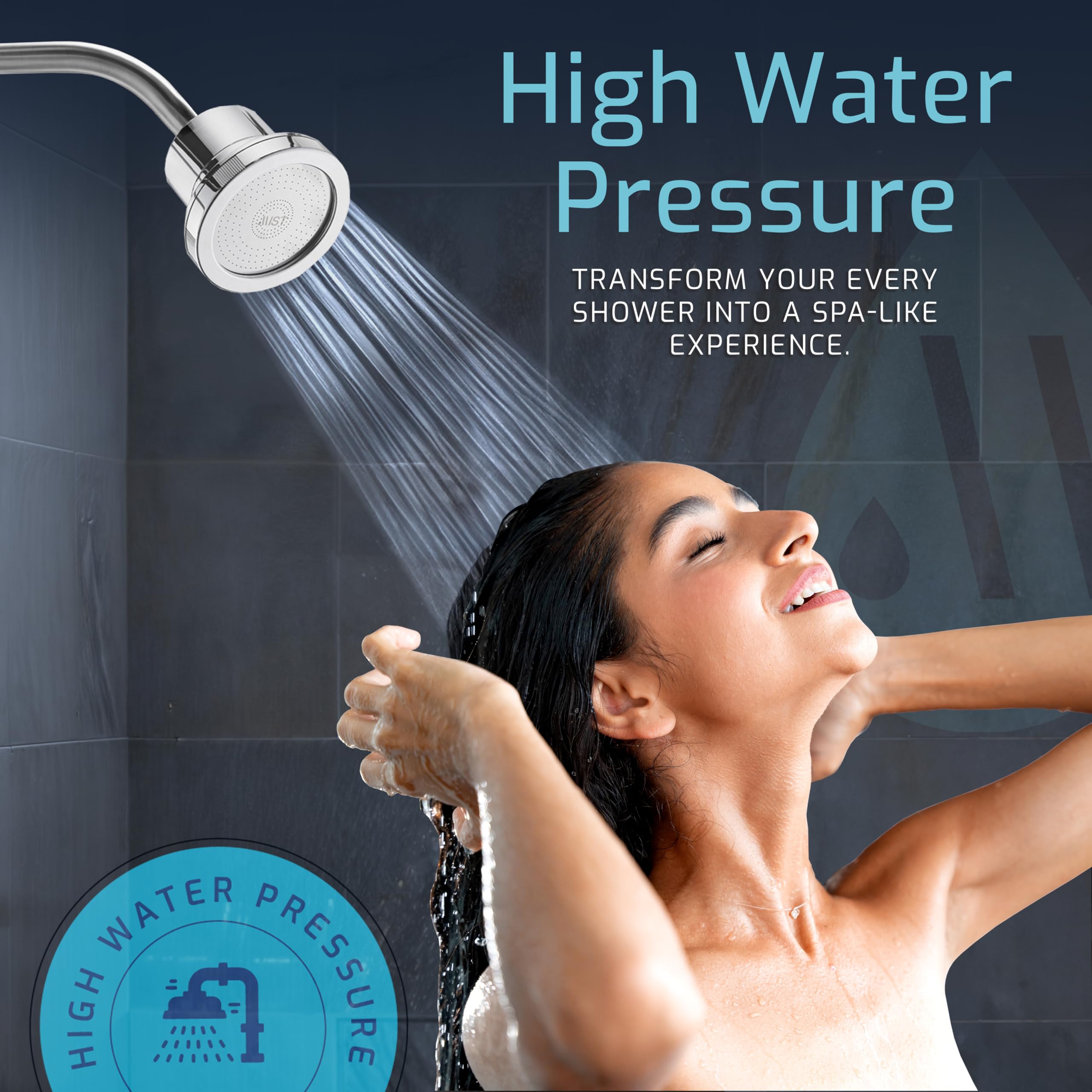 Mist shower filter head-water-softening image suggests gentler feel during daily showers