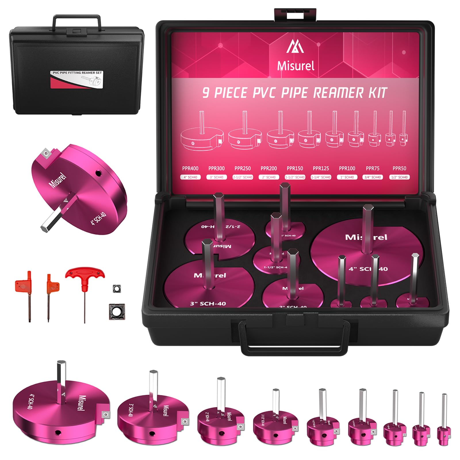 Misurel PVC Reamer kit with nine sizes for versatile pipe work