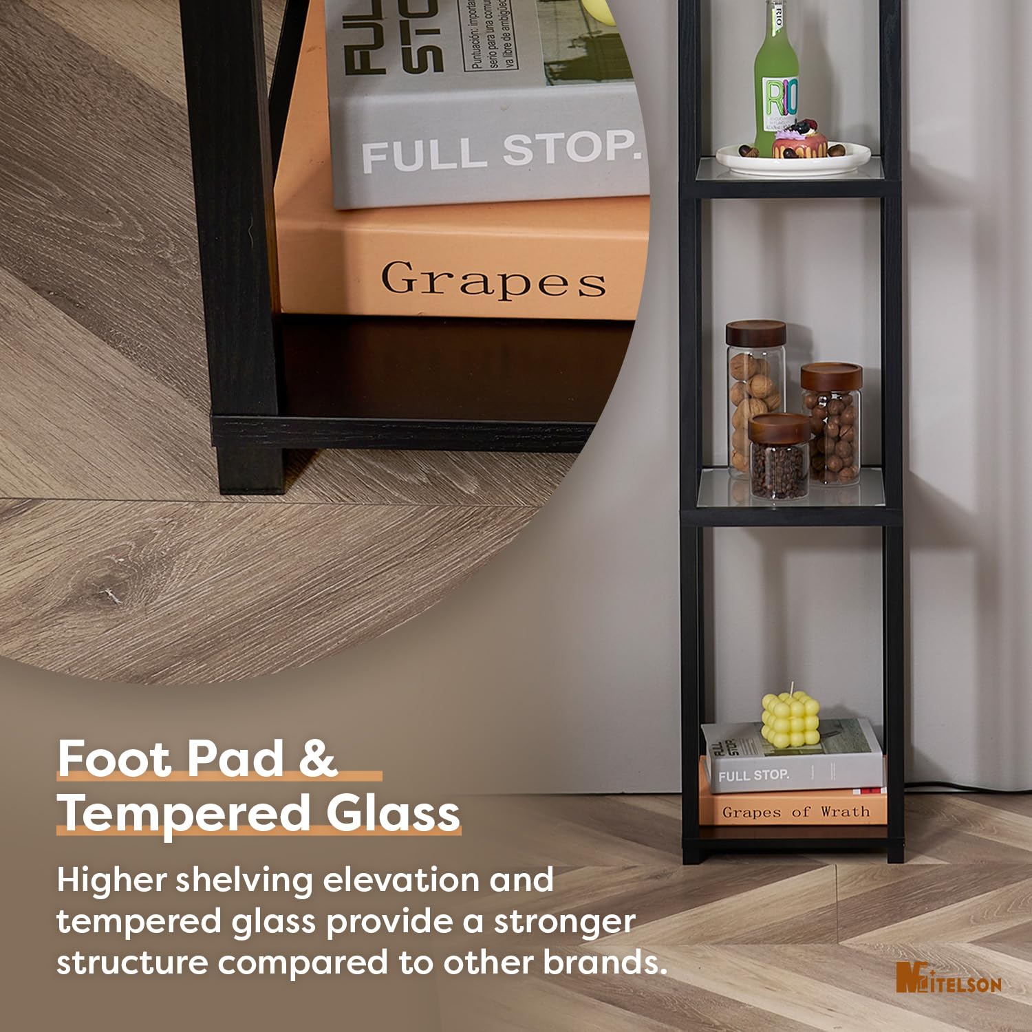 MITELSON floor lamp with shelves bedside arrangement, providing compact reading light.