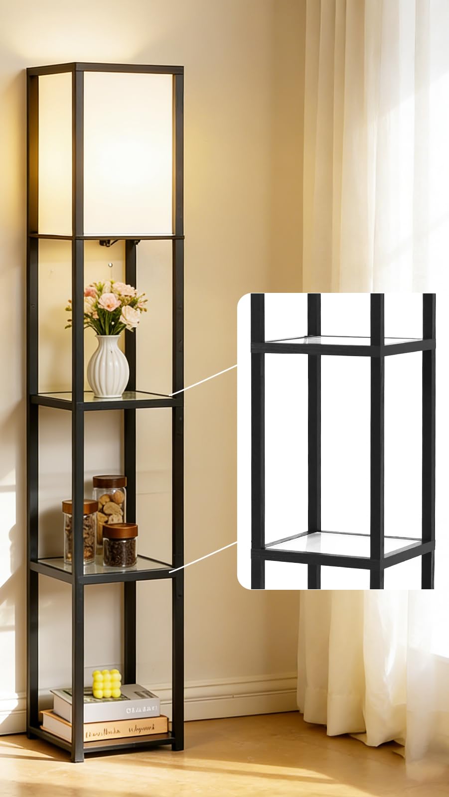 MITELSON floor lamp with shelves front view, showcasing sturdy wooden pole for organized living room.