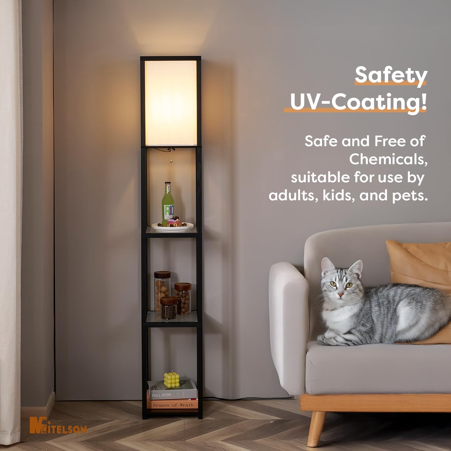 MITELSON floor lamp with shelves glass-shelves focus, illustrating integrated storage near seating.