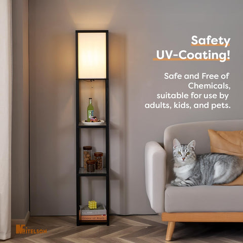 MITELSON floor lamp with shelves glass-shelves focus, illustrating integrated storage near seating.