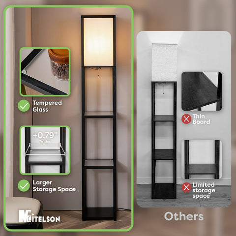 MITELSON floor lamp with shelves side view, highlighting frosted glass shelves for sleek storage.