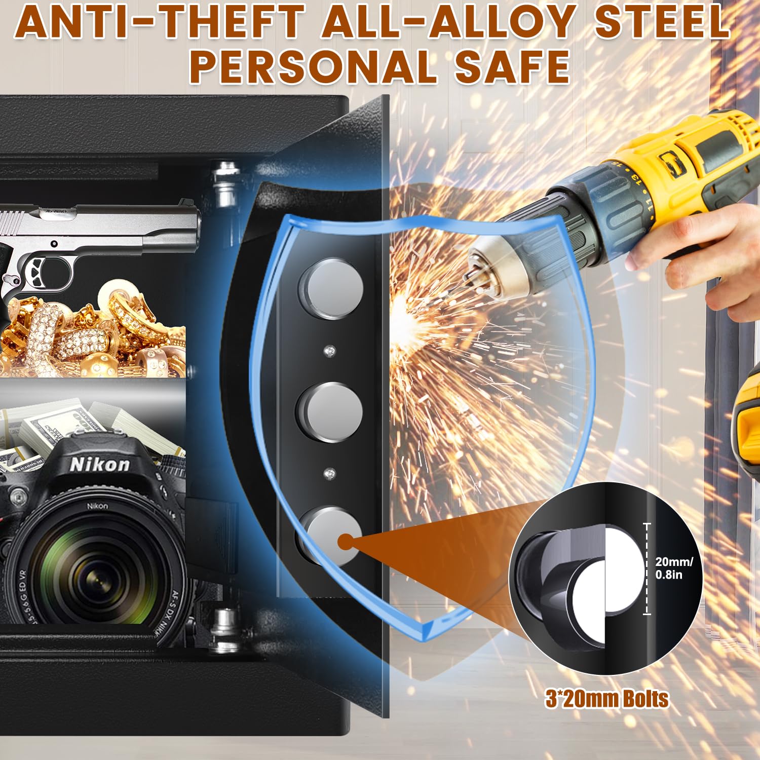 Mitlvge safe box reinforced door and locking bolts for security