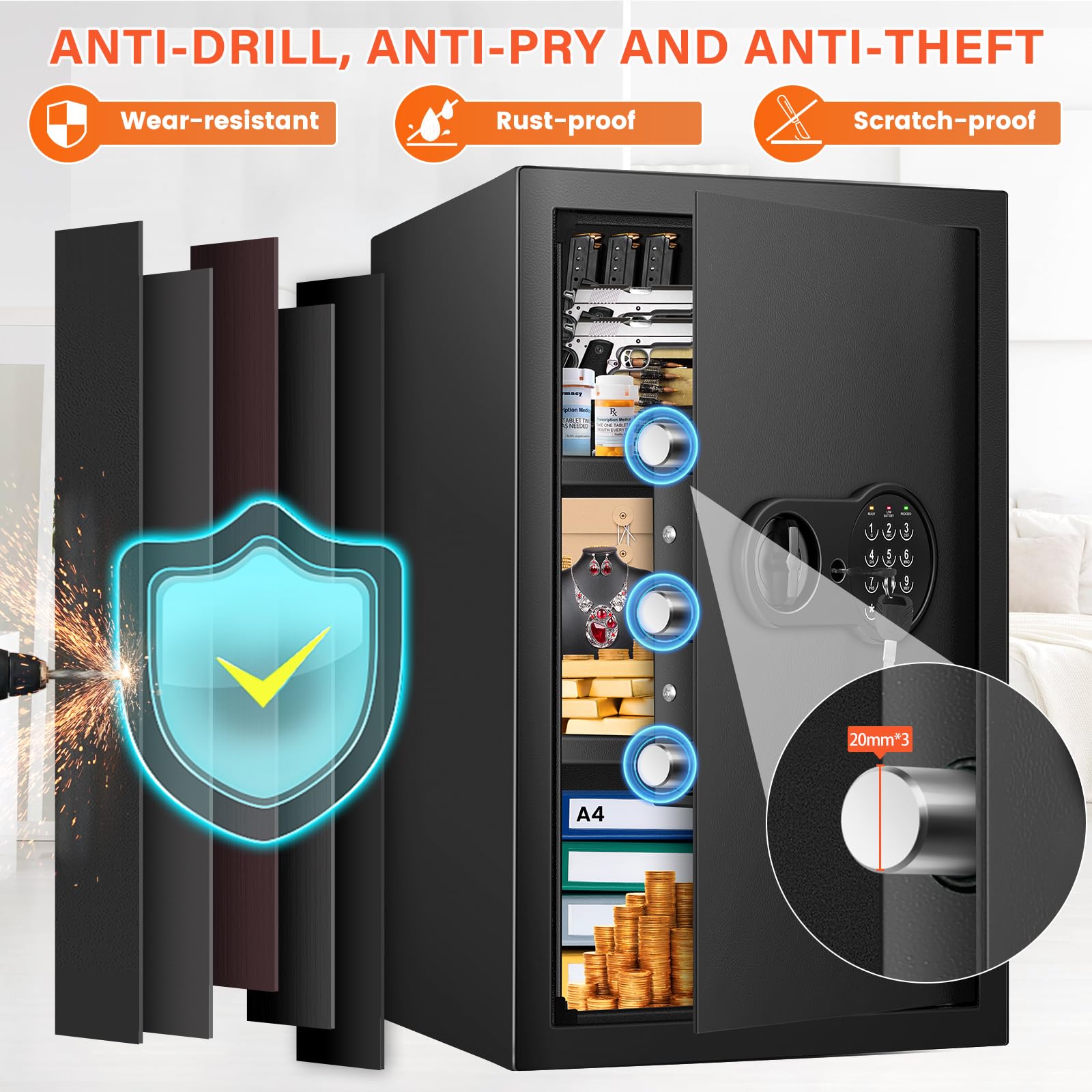 Mitlvge safe box interior with removable shelves for organization