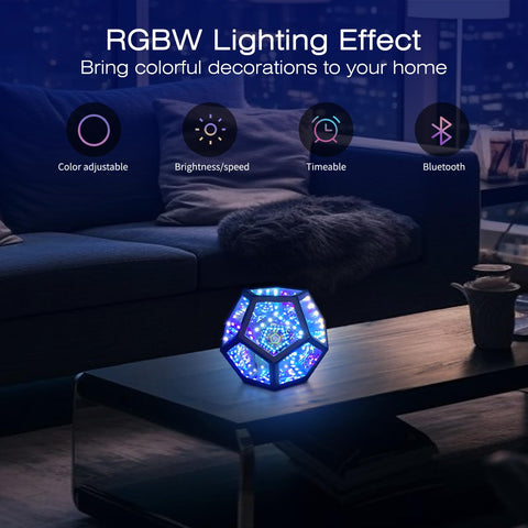 MITO Infinity Mirror Light RGBW colors illuminate the desk with vibrant mood lighting