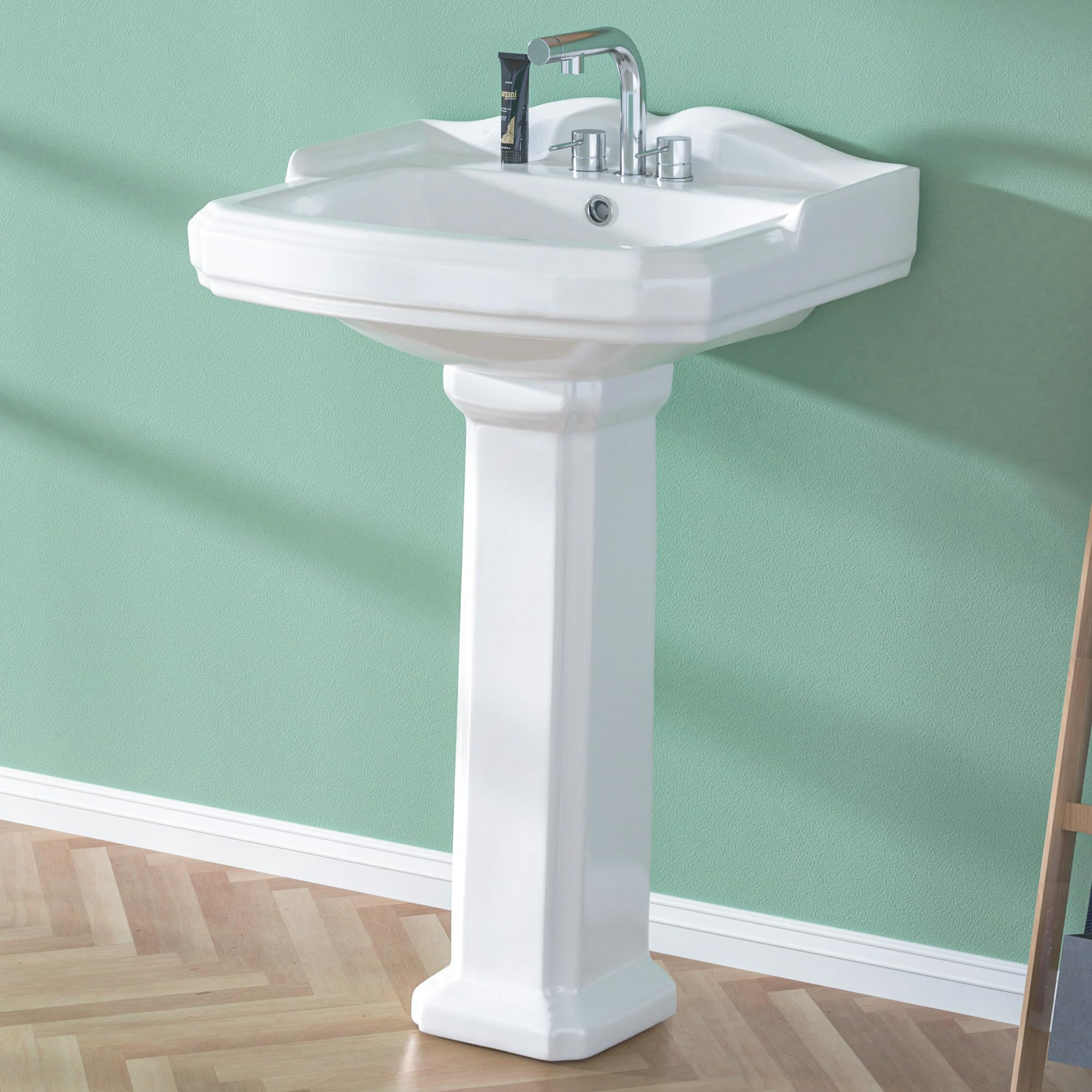 Miuara 23-inch pedestal sink shown in compact bathroom setup.