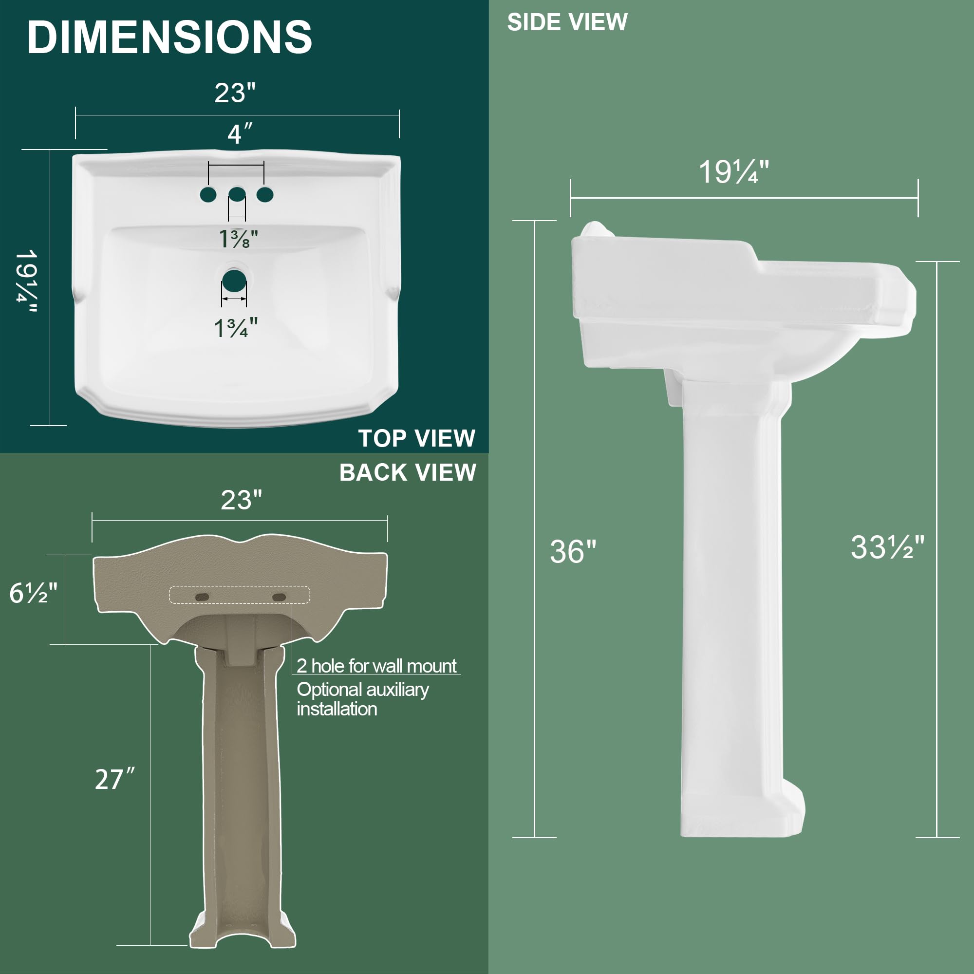 Miuara pedestal sink with backsplash for a cohesive look.