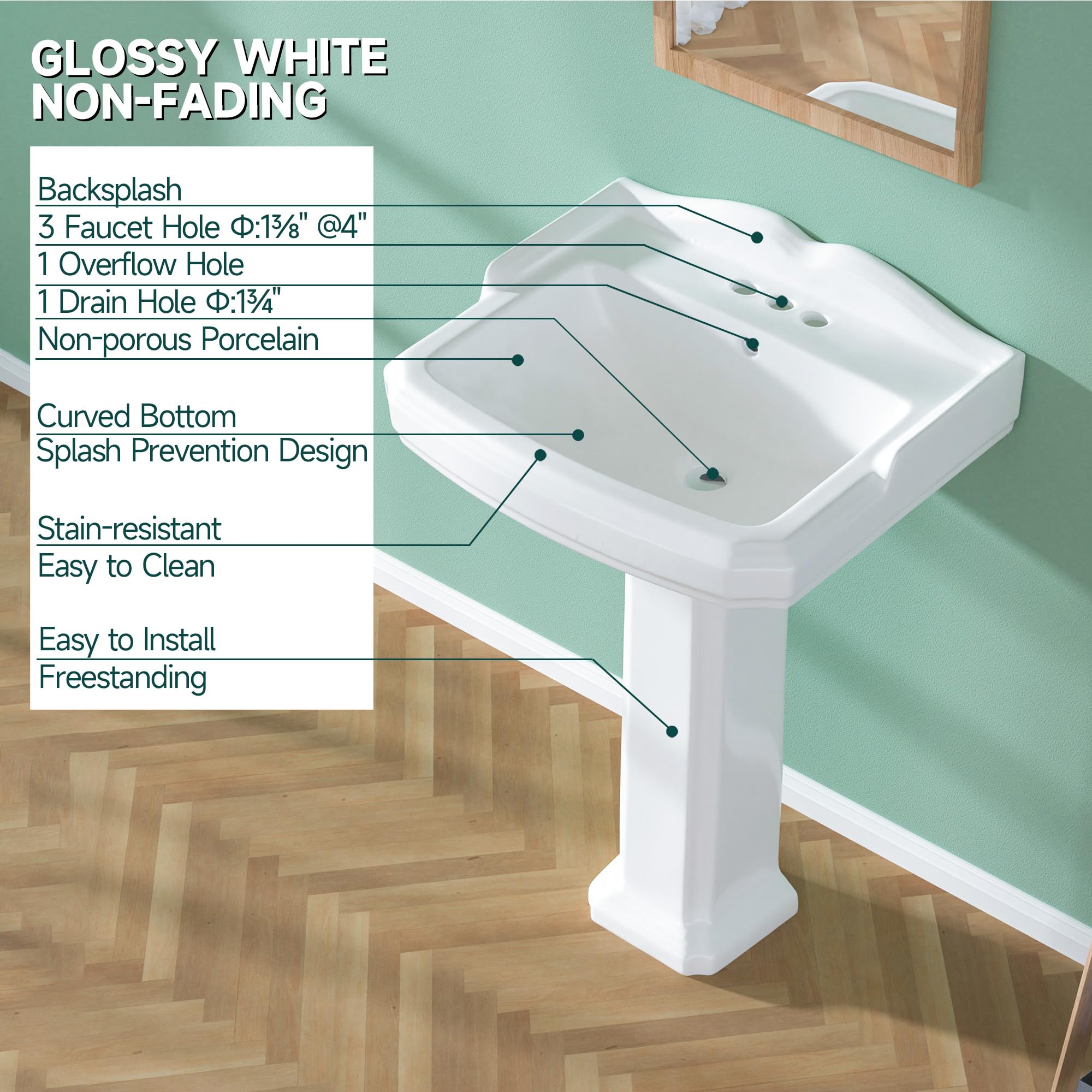 Miuara pedestal sink compact design saves floor space.