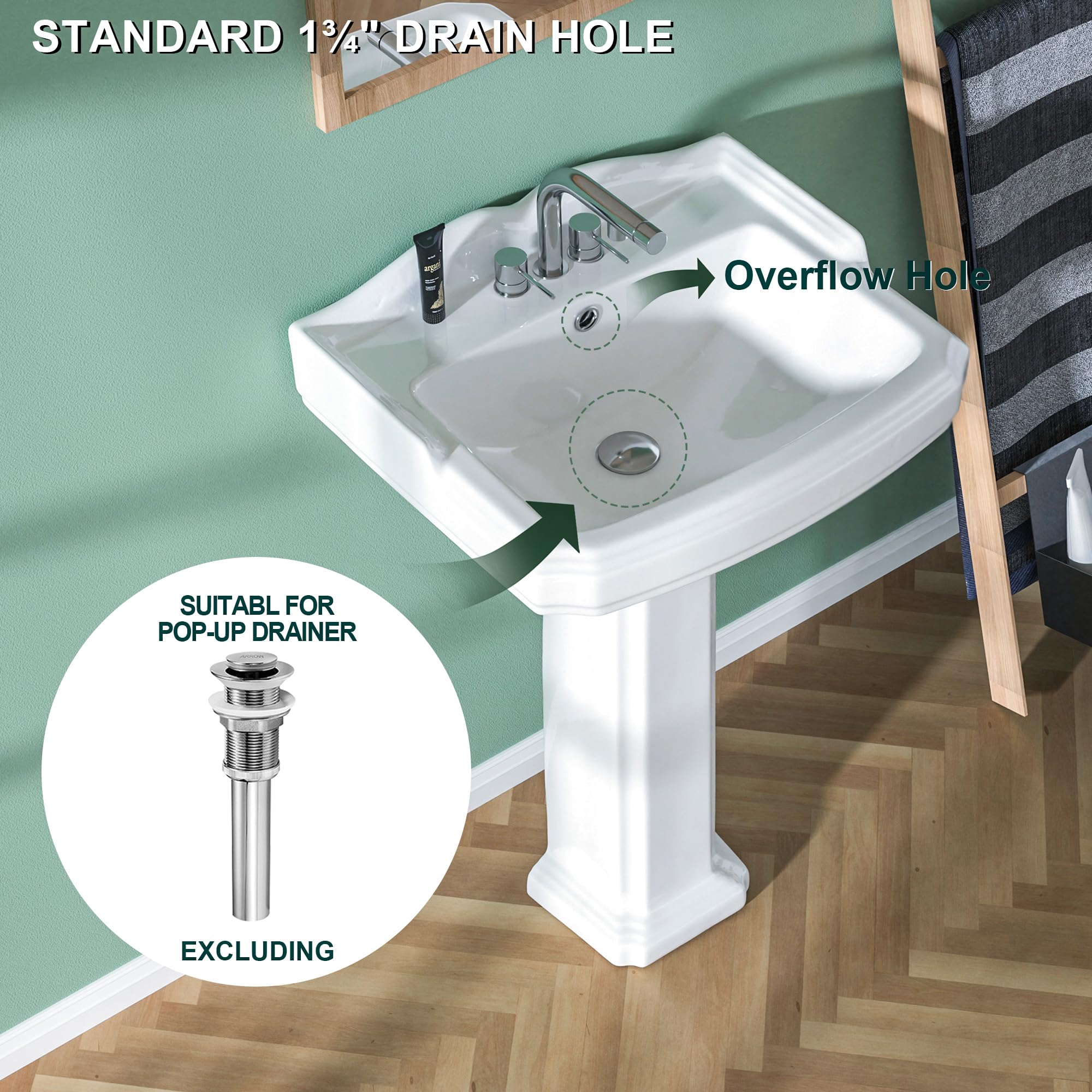 Miuara pedestal sink drain system promotes smooth water flow.