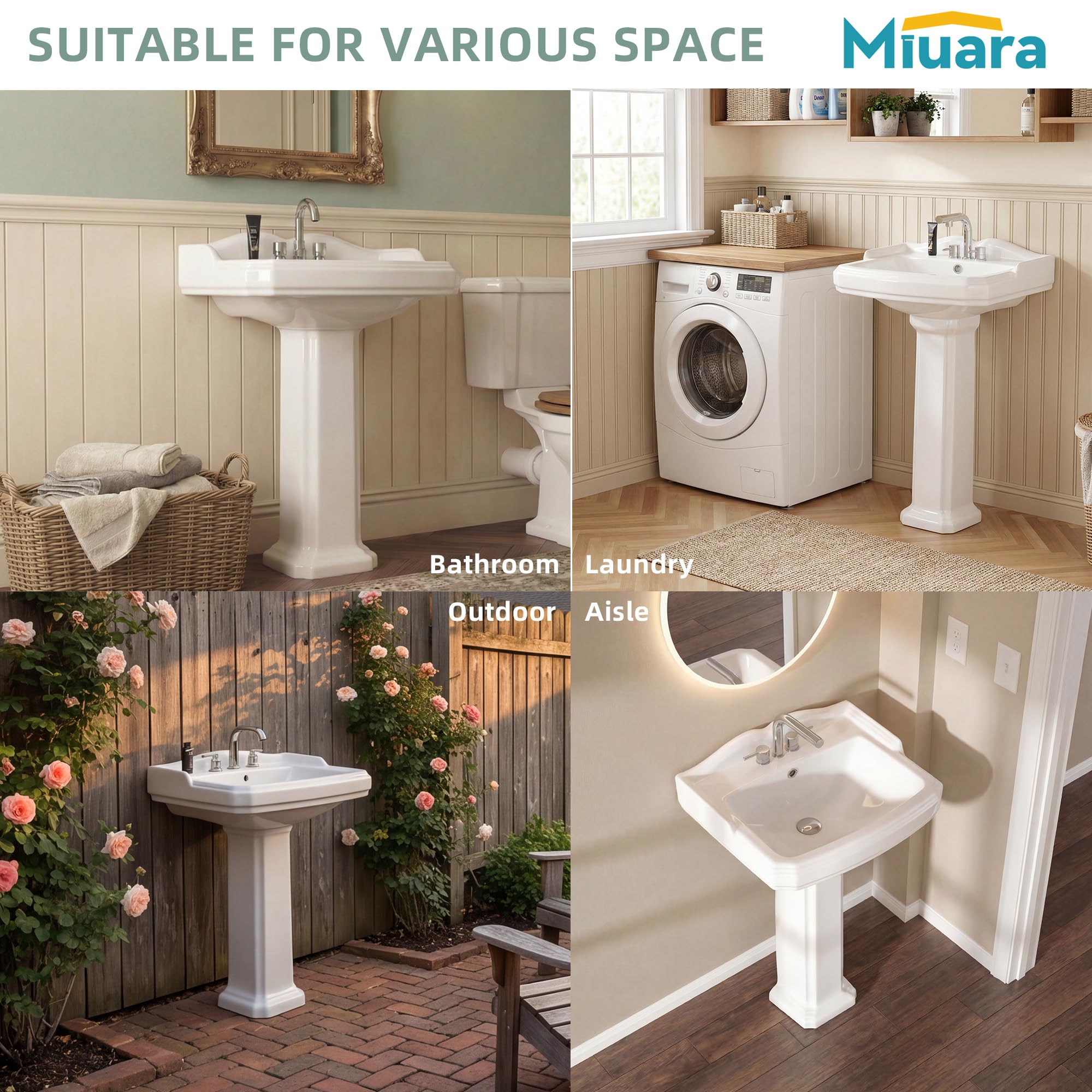 Miuara pedestal sink overflow hole protects against splashes.