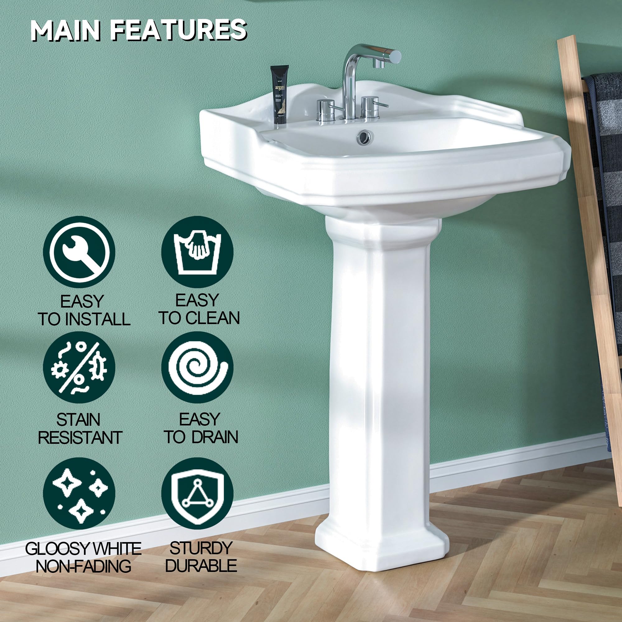 Miuara pedestal sink in white finish highlighting timeless design.