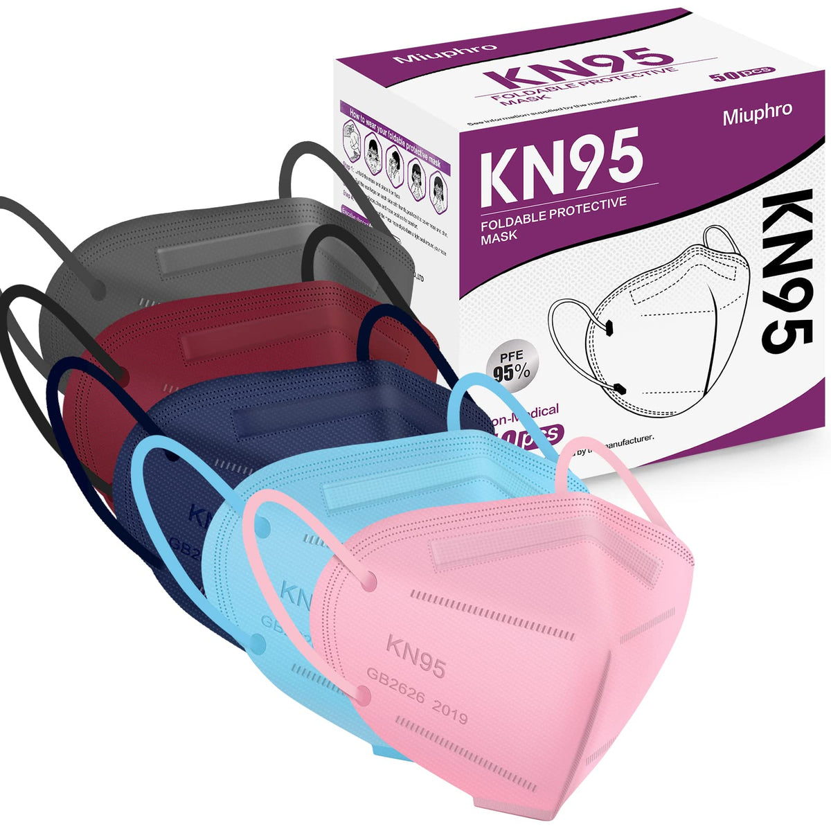 Miuphro KN95 mask color pack front view showing five color options for daily outdoor use