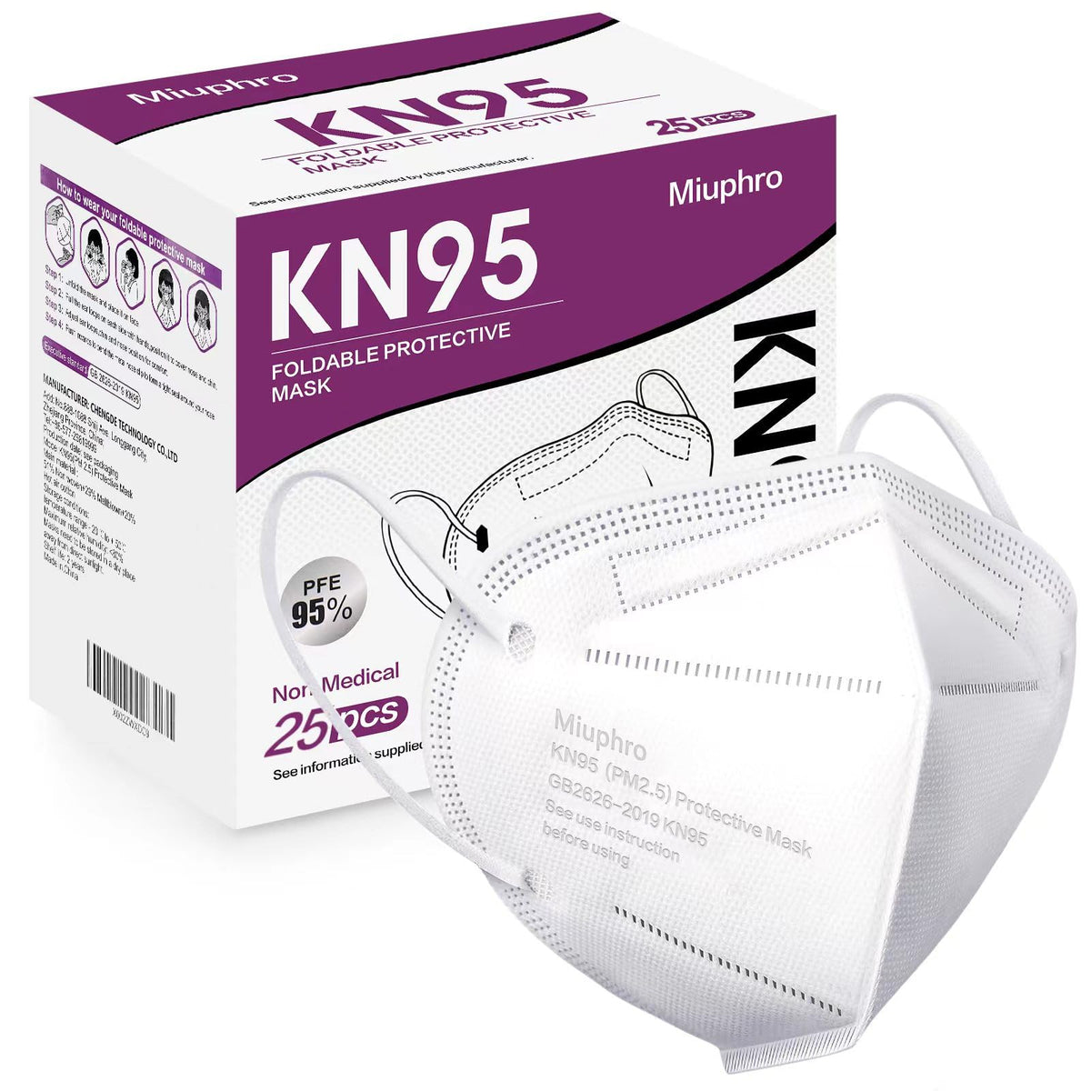 Miuphro KN95 pack shot showing 25 masks for daily protection.