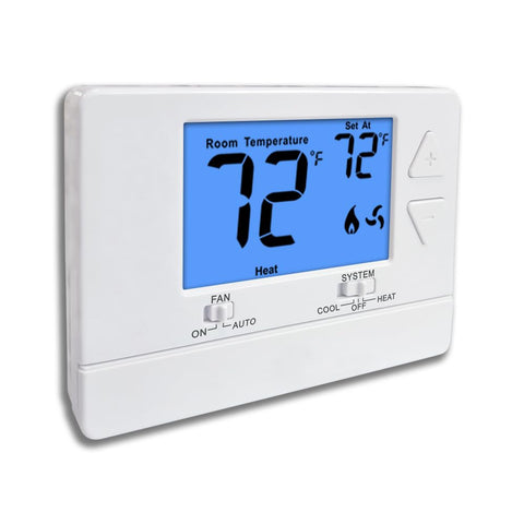 Miuputake non-programmable thermostat front view with blue backlight for clear readings.
