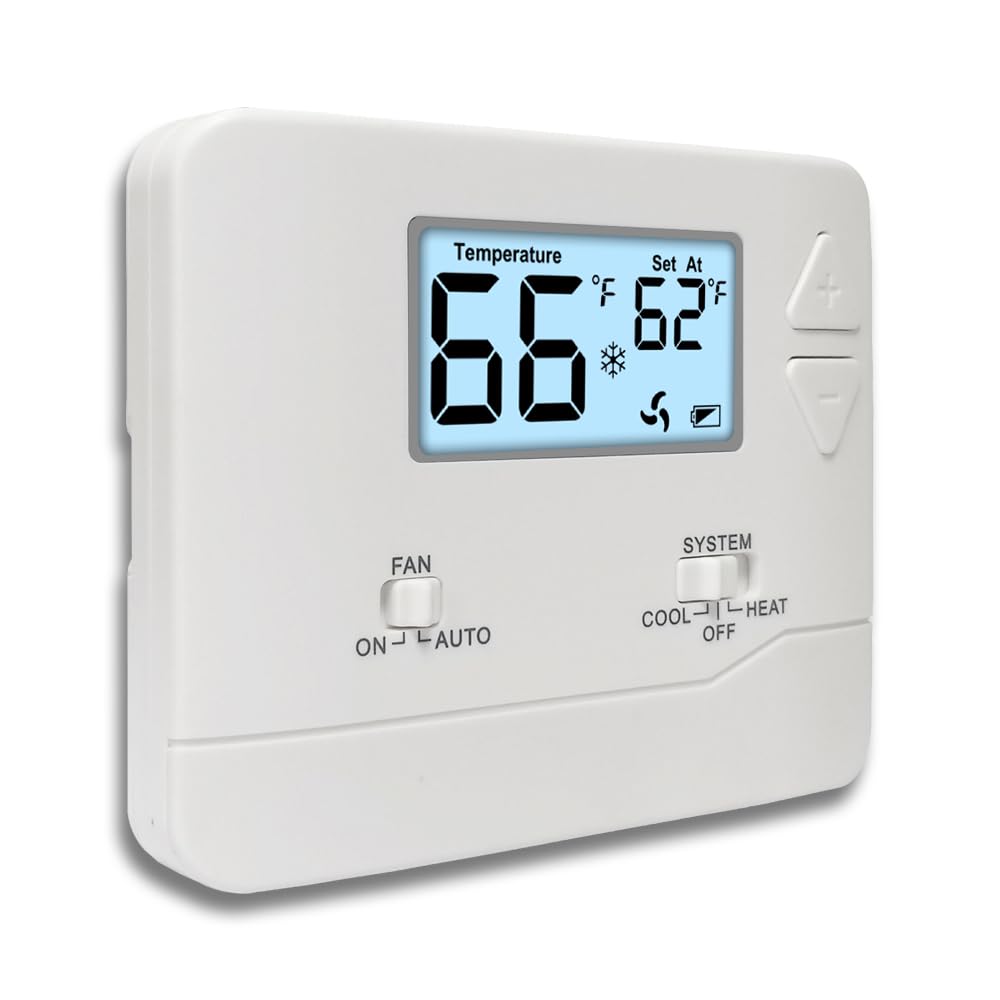 Miuputake nonprogrammable thermostat front view with simple controls for quick setup.
