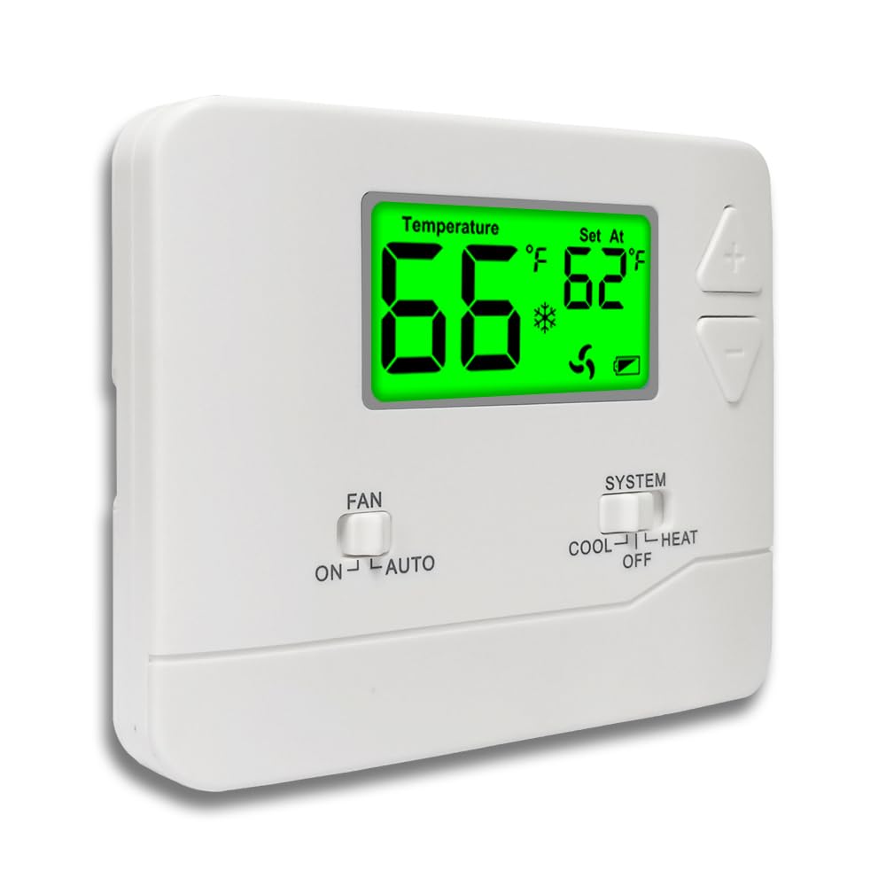 Miuputake nonprogrammable thermostat front view with green backlight for easy control.