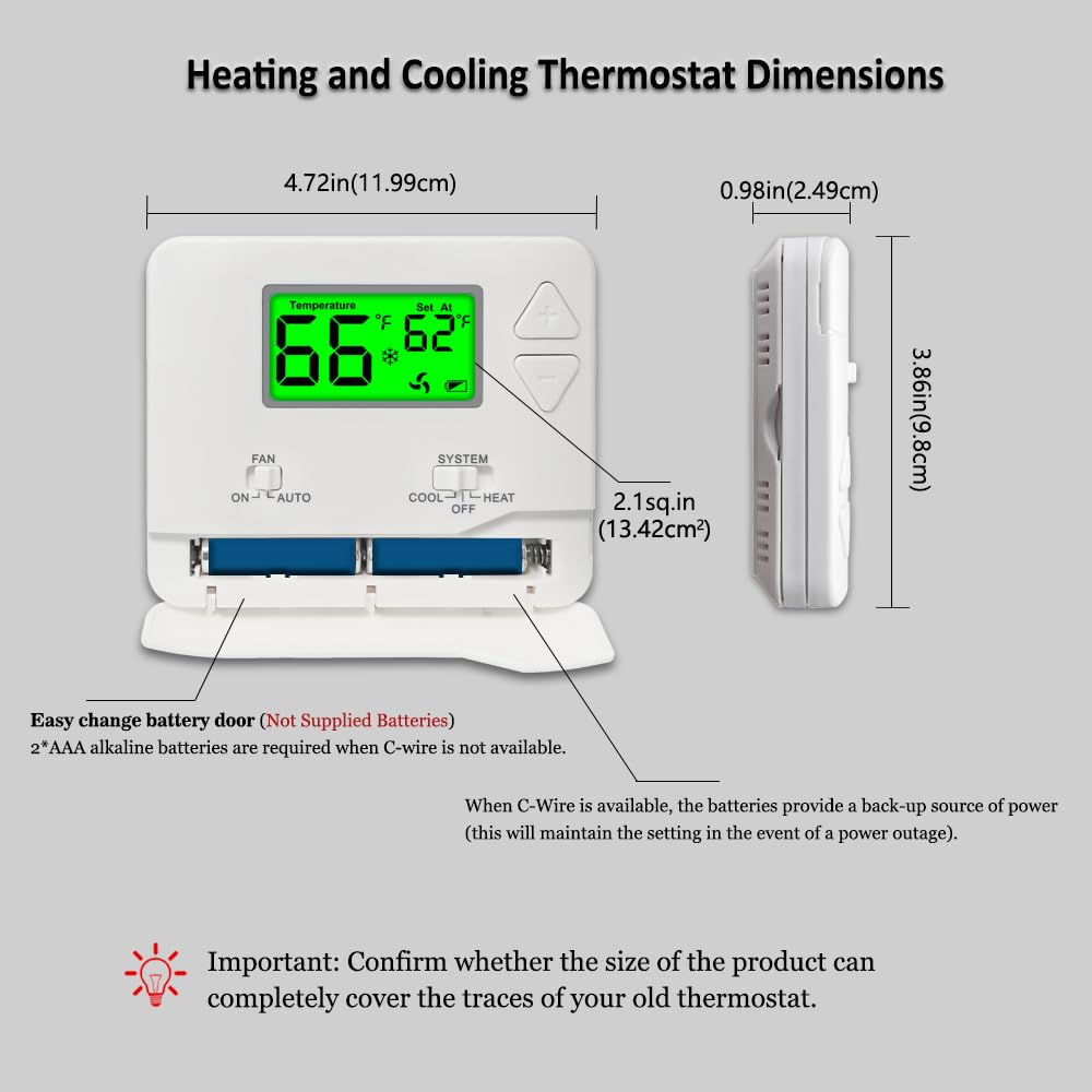 Miuputake thermostat powered by 24VAC or two AAA batteries, no C-wire needed.
