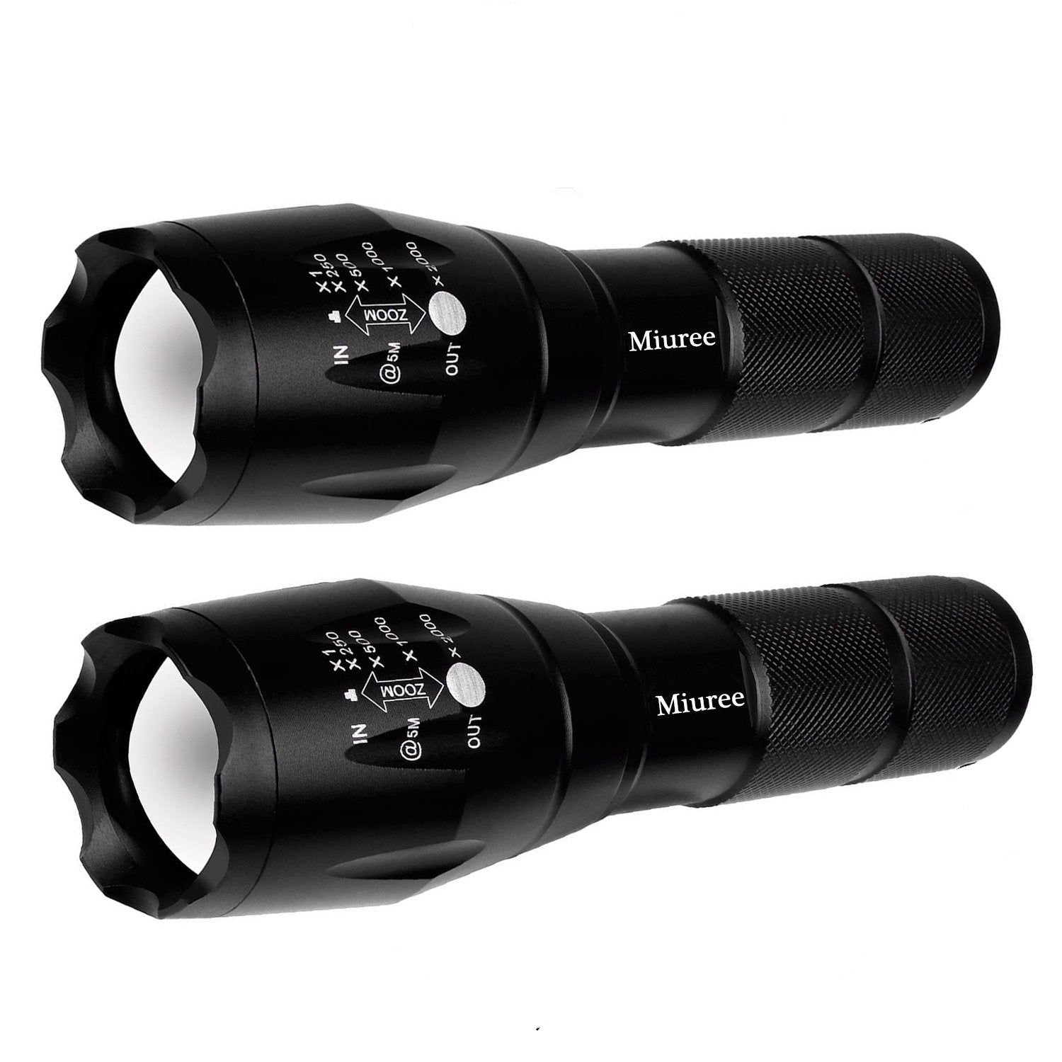 Miuree LED tactical flashlight two-pack for reliable outdoor illumination.