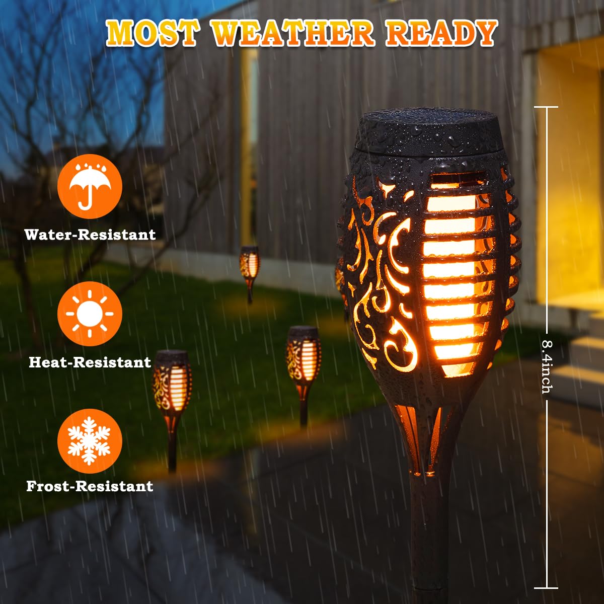 MIUSIKIT 10-pack solar torches energize garden nights with soft glow.