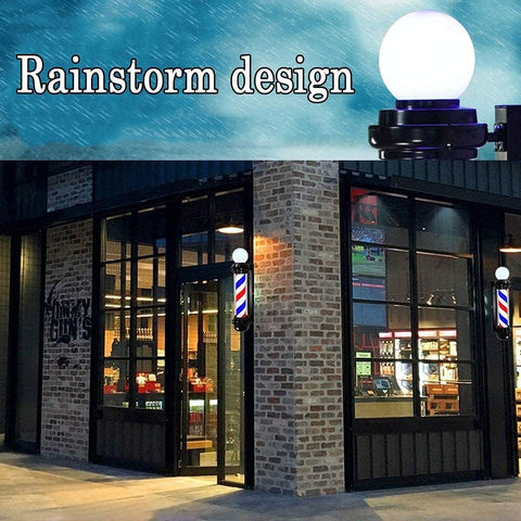 Rotating barber pole sign attracting passersby for salons