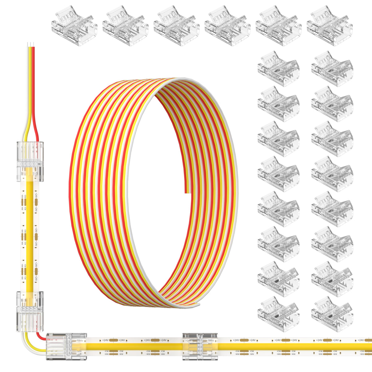 MIWISE 10mm 3-pin connectors kit for strip-to-wire setup, enabling quick DIY lighting.