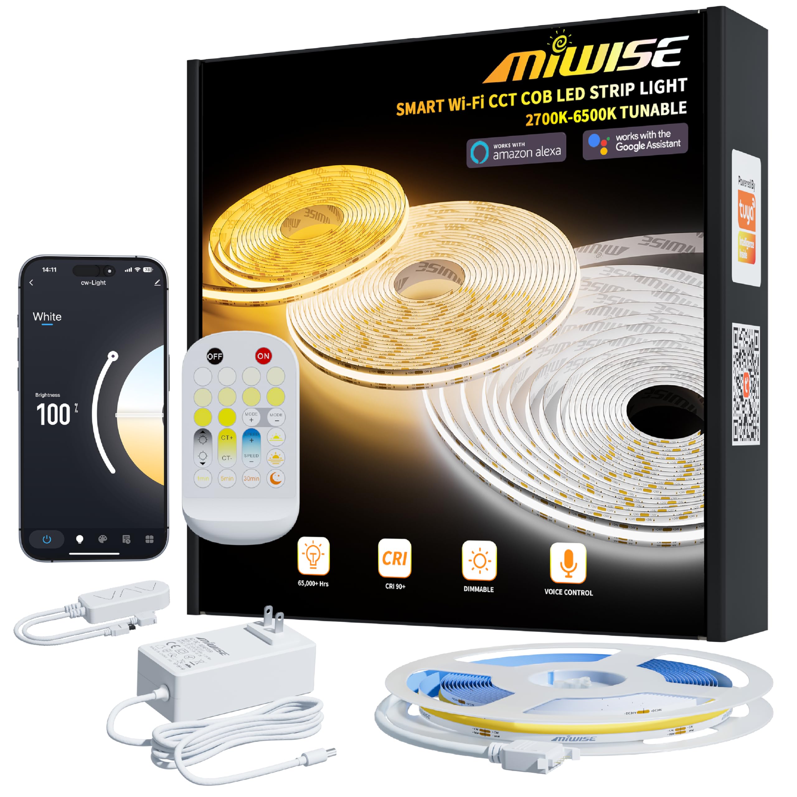 MIWISE COB LED strip light shows warm-to-cool range for versatile ambiance in any room