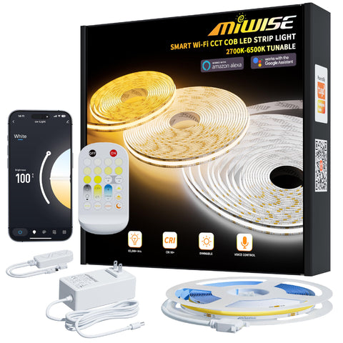 MIWISE COB LED strip light shows warm-to-cool range for versatile ambiance in any room