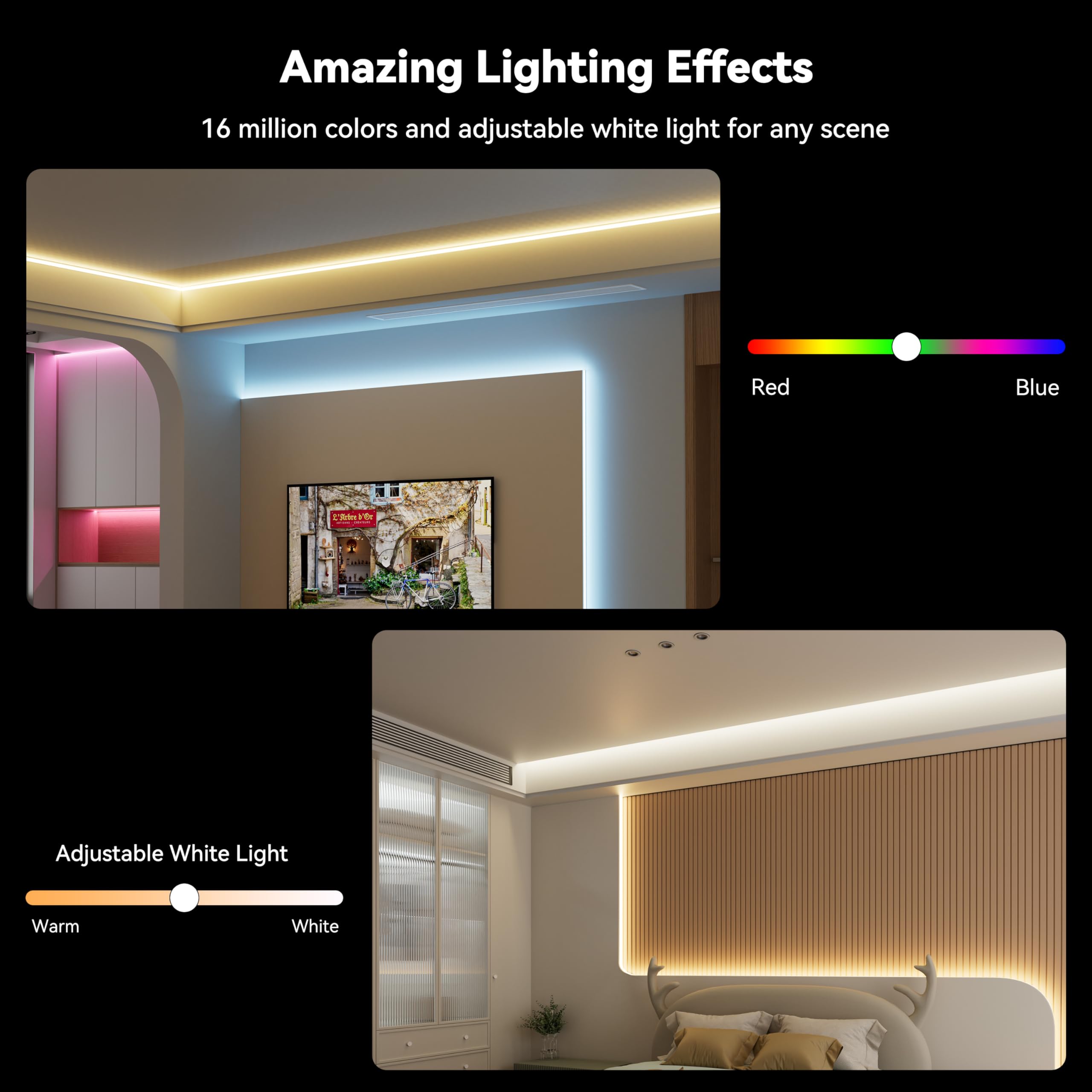 MIWISE RGB COB LED strip highlights multicolor effects for dynamic ambiance.