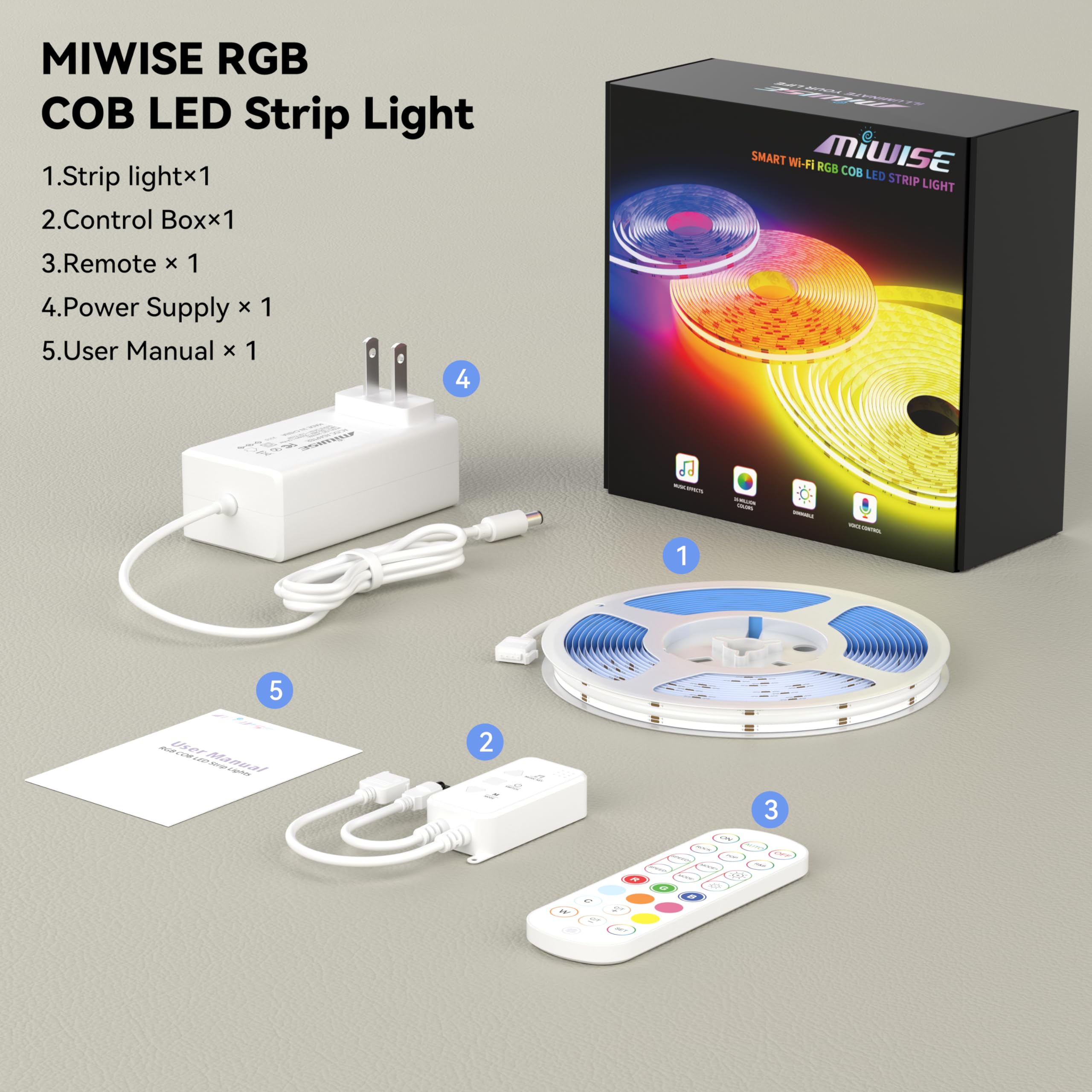 MIWISE RGB COB LED strip is suited for TV backlighting, bedrooms, and cabinet lighting.