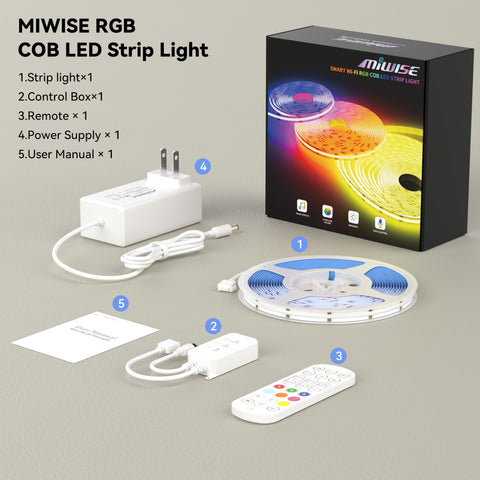 MIWISE RGB COB LED strip is suited for TV backlighting, bedrooms, and cabinet lighting.