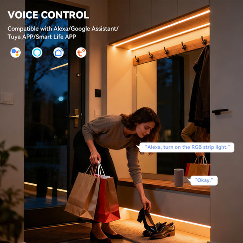 MIWISE RGB COB LED strip shows app and voice control for smart homes.