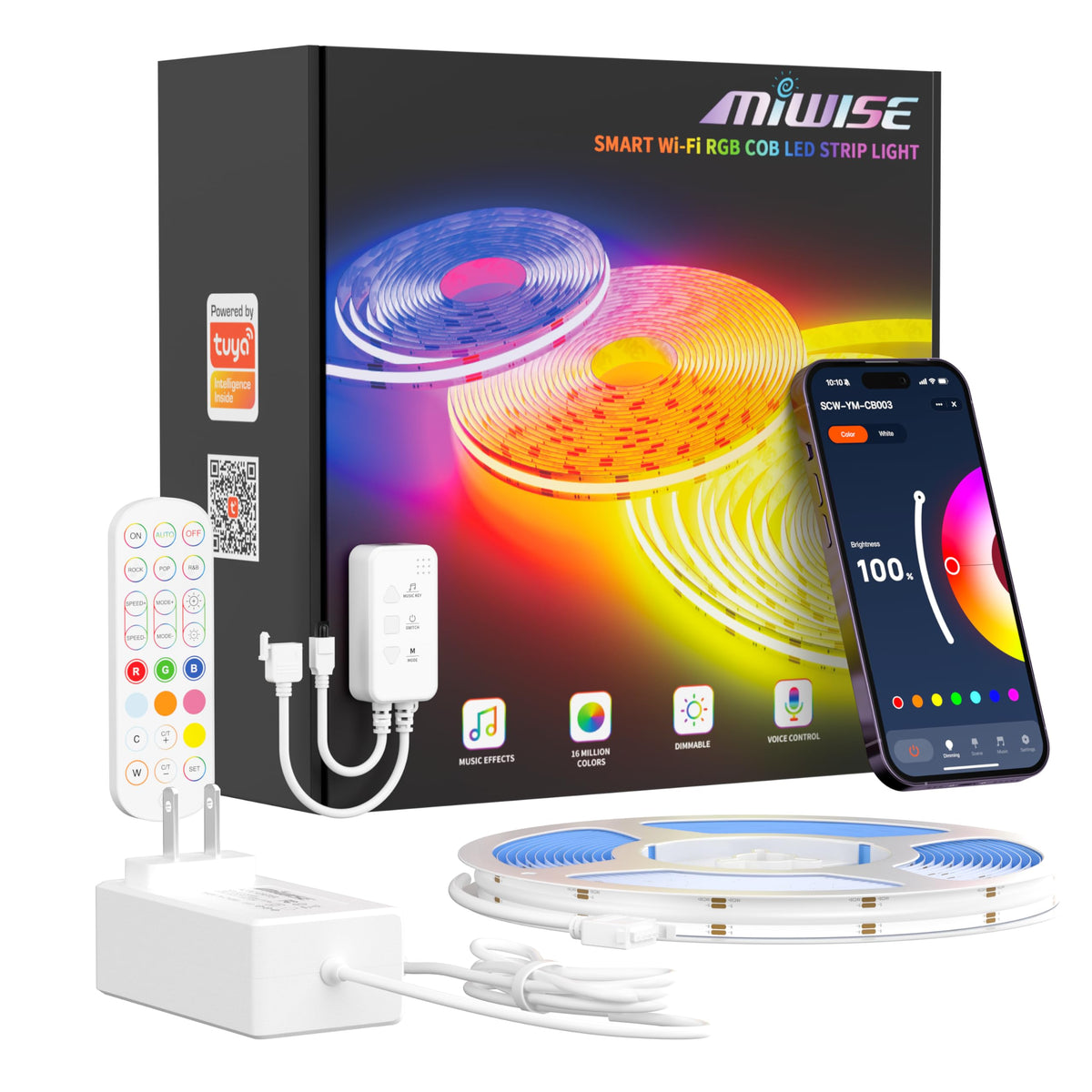 MIWISE RGB COB LED strip with warm-cool-white control for versatile mood lighting.